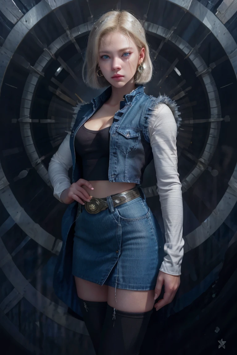 Realistic Android 18, wasp body, full, blonde hair, blue eyes, eyelashes, earrings, short hair, earring, black sock, chest pocket, cleavage, collarbone, denim, denim skirt, high waist miniskirt, detailed legs , jewelry, long sleeves. , pocket, black shirt, tucked in shirt, high waist skirt, stripes, striped sleeves, short vest, correct hands, black pantyhose, large volume detailed legs.Clothes attached to the body. white sports shoes.