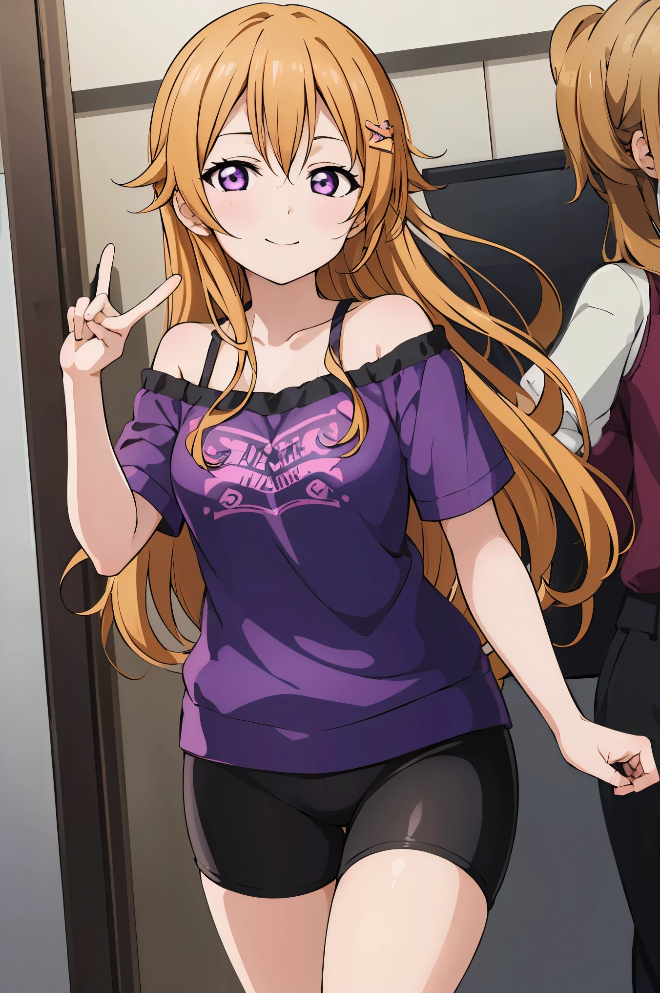 (best quality, masterpiece:1.2), (1girl, solo:1.2), cute, smile,  detailed background, (looking at viewer, solo focus:1.2), 
Konoe kanata, long hair, straight hair, purple eyes, blonde hair, off shoulder, black strap purple shirt, short sleeves, black bike shorts, standing, two peace sign, solo focus, 