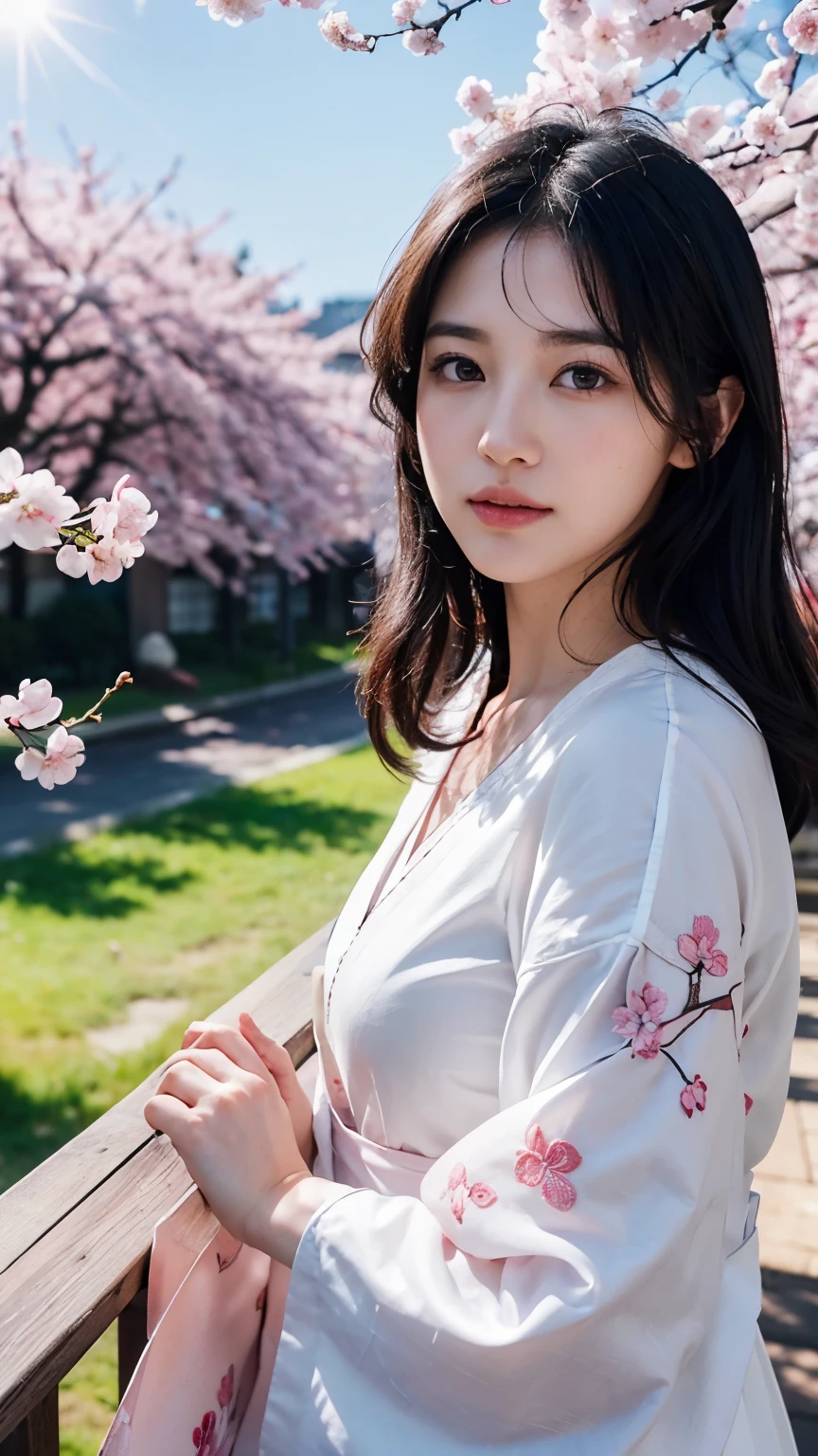 (logo、masterpiece、8k、table top、RAW photo、wonderful、最high quality、Photorealistic and hvery detailed CG integrated 8k wallpaper、high quality、very detailed、narrative poem、particle effects、dynamic effects、Depth of the bounds written、cinematic light、Lens flare、ray tracing)、fantasy、 (1 beautiful woman、white kimono、Japan Dresses、white cherry blossom pattern、White cherry blossom embroidery pattern、black haired、beautiful face、real face、beautiful details eyes beautiful skin)、Hair flutters in Wind、hair bounces、pink cherry tree、petals dance、SakuraFubuki、Spectacular view、sunrise、sun on background、Wind、god々、tooth、god話、vast land、