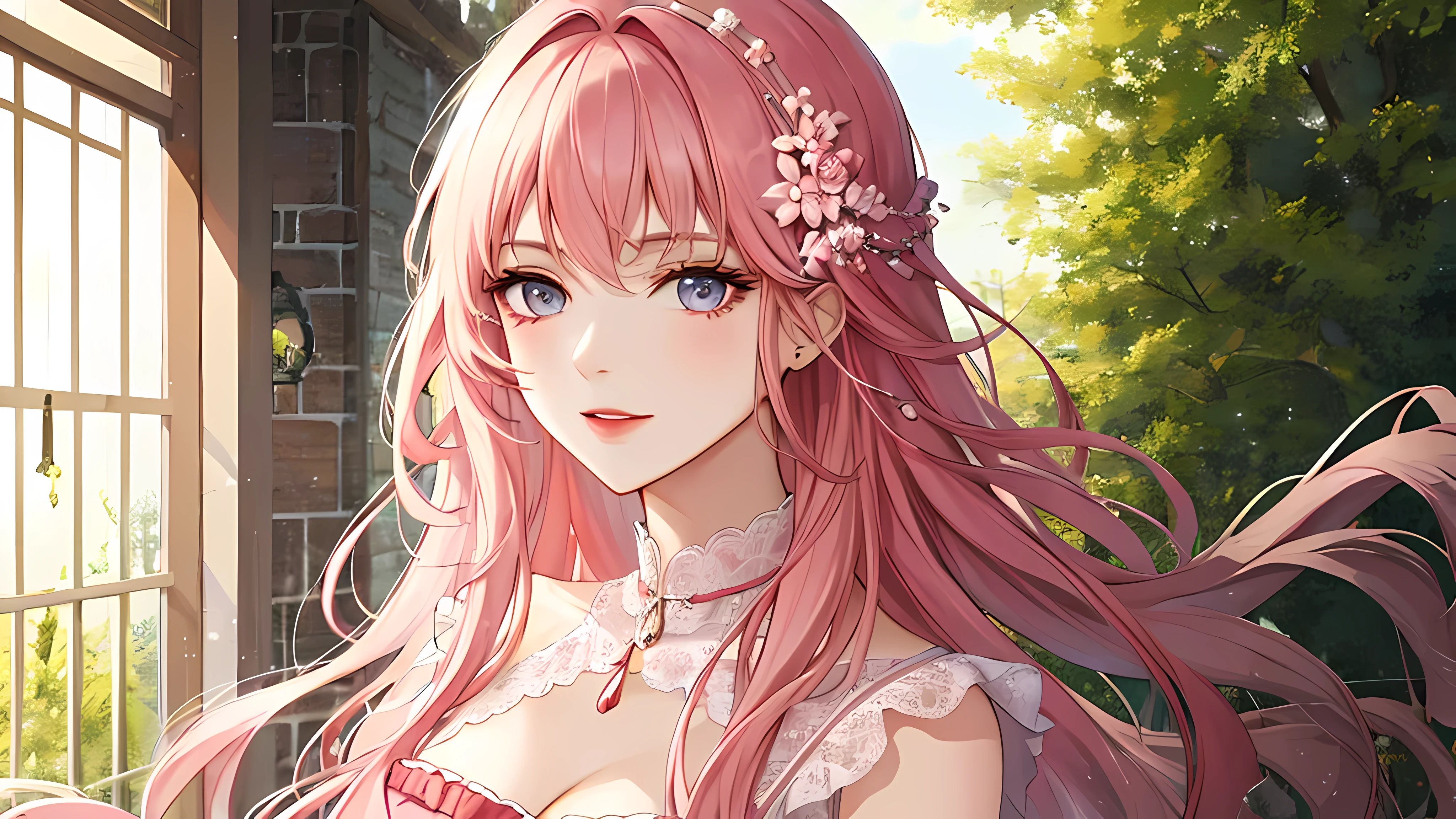 Cute girl with curly hair, wearing a pink dress, a flower in her hand, upper body, fluffy, pink, hair color is milk beige, modern, fashionable
