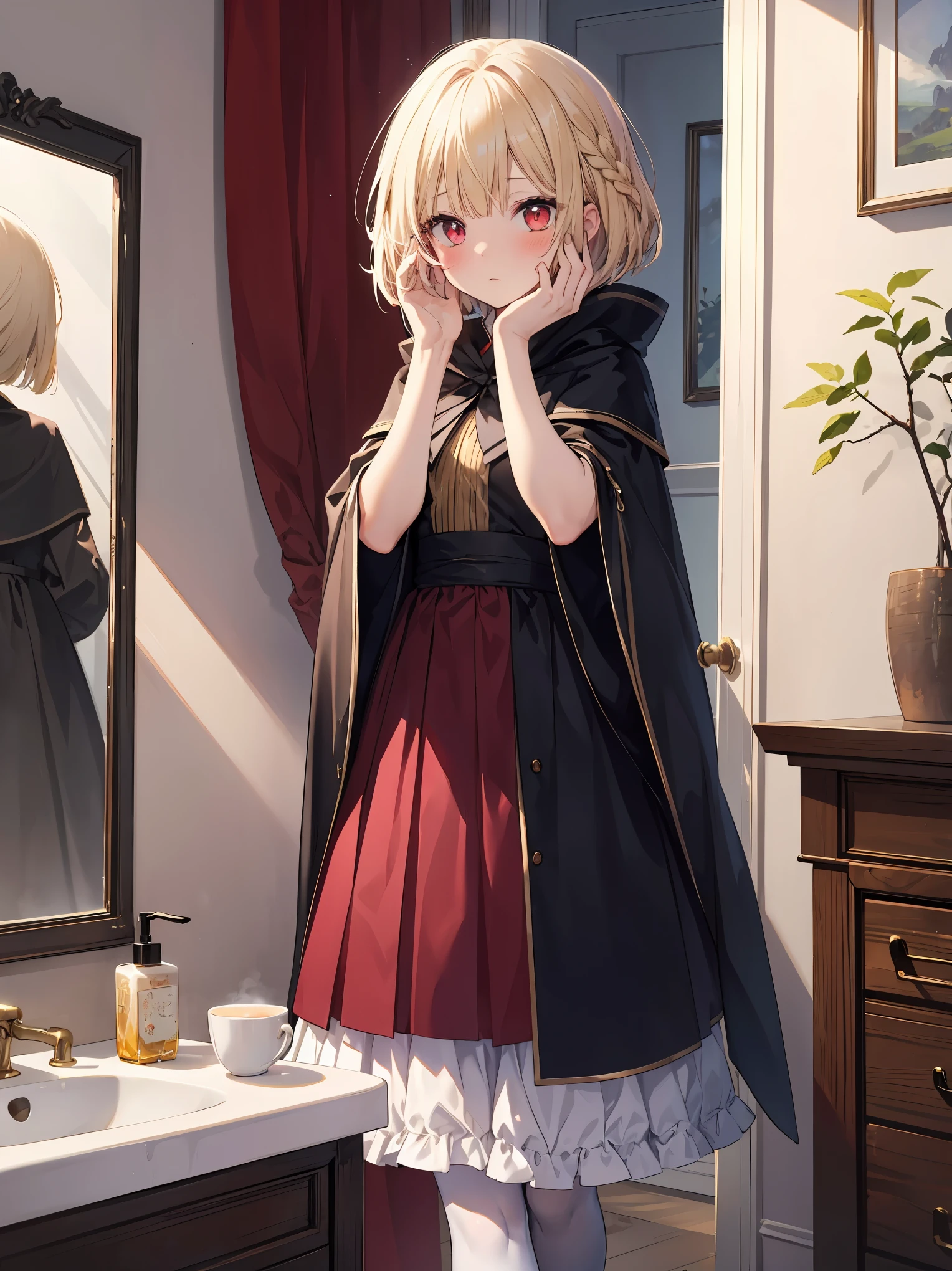 ((put your hand on your face)), ((surprised)), (Looking at the front)), (blush), 1 girl, 、young、Chibi、blonde, red eyes, braided hair, bob cut, Fantasy style neat costume, wizard, frills, robe, long skirt, tights, black cloak, sink, Bathroom, mirror, concept art, beautiful anime scene, beautiful anime scenery, highest quality, ((masterpiece))