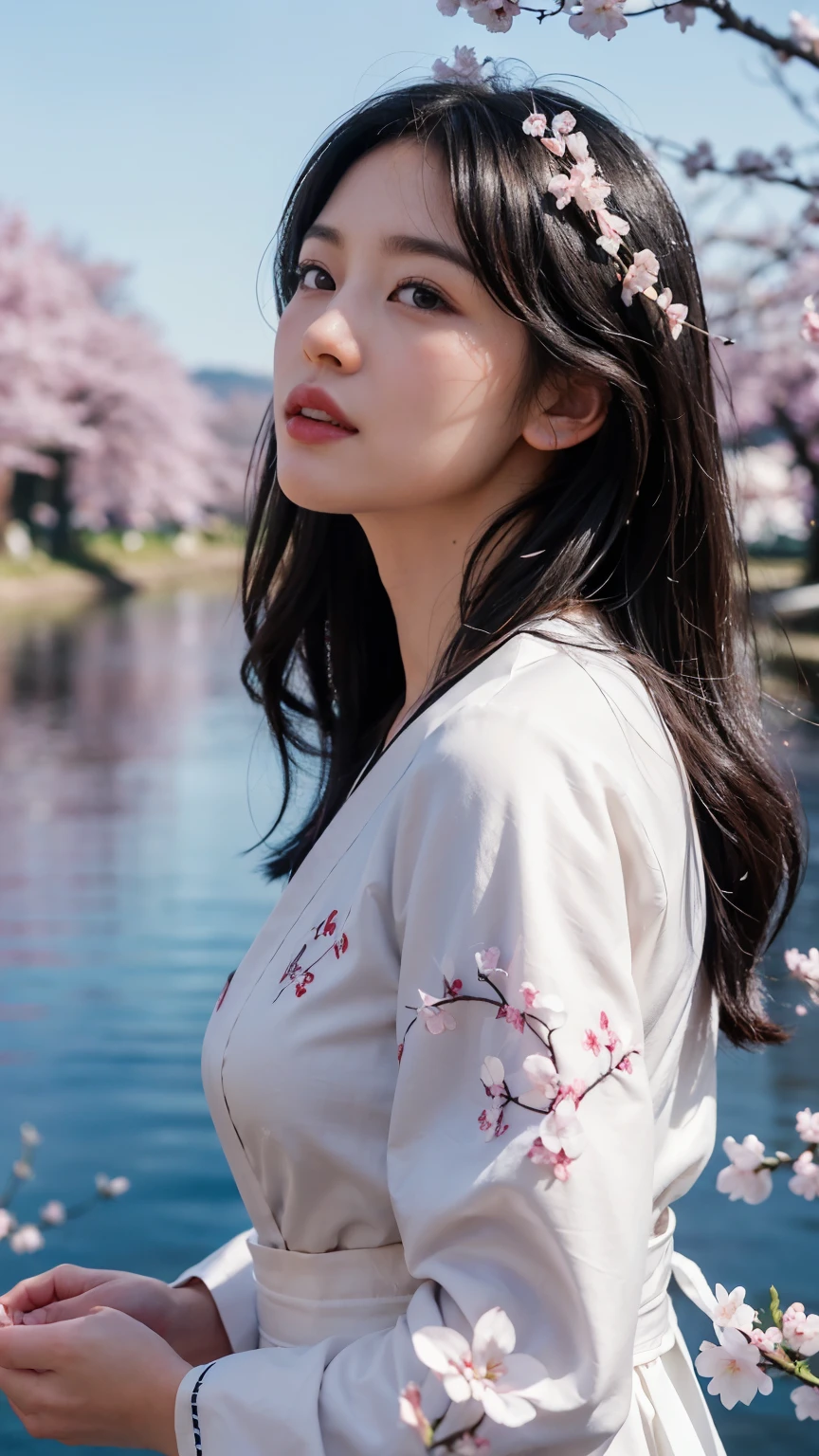 (logo、masterpiece、8k、table top、RAW photo、wonderful、最high quality、Photorealistic and hvery detailed CG integrated 8k wallpaper、high quality、very detailed、narrative poem、particle effects、dynamic effects、Depth of the bounds written、cinematic light、Lens flare、ray tracing)、fantasy、 (1 beautiful woman、white kimono、Japan Dresses、white cherry blossom pattern、White cherry blossom embroidery pattern、black haired、beautiful face、real face、beautiful details eyes beautiful skin)、Hair flutters in Wind、hair bounces、pink cherry tree、petals dance、SakuraFubuki、Spectacular view、sunrise、sun on background、Wind、god々、tooth、god話、vast land、