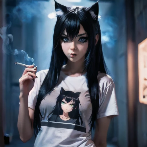 (masterpiece, best quality:1.2), Petite, big breasted, cosplay catgirl, long straight black hair, only wearing boyfriend's t-shirt and tiny panties, sitting in front of her streaming computer playing a video game as guys watch her online, anime, detailed eyes, hard nipples, professional, atmospheric lighting, highres, ultra-detailed, detailed body, (detailed), perfect face, 16k,