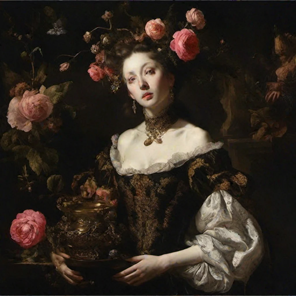 Baroque aesthetics, Integrate surreal elements, a play of light and shadow to enhance the melancholic atmosphere, Use nuanced lighting, emotional depth and mystery within the composition, Emulate the intricate and detailed style of Nicola Samori, infusing the artwork with very subtle distortions and surreal anatomical abnormalities. Strive for a delicate balance between the elegance of Baroque opulence and the surreal beauty, Utilize a somber color palette characterized by muted tones and desaturated hues to convey a pervasive sense of melancholy
