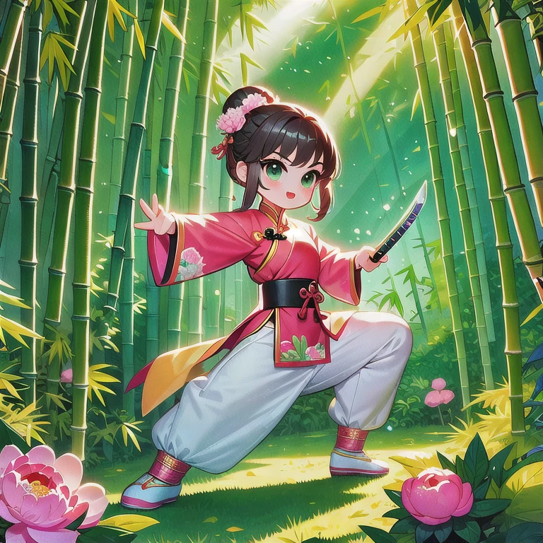 Cute cartoon, Chinese martial arts, vector illustration, 1girl, bamboo forest, martial arts, energetic pose, holding long sword, colorful clothing, traditional style, featuring peonies and waves, bamboo forest environment is quiet and lush, tall bamboo stalks, sunlight shining through Leaves cast dappled sunlight, a clearing, a practice field, Vector martial arts illustration