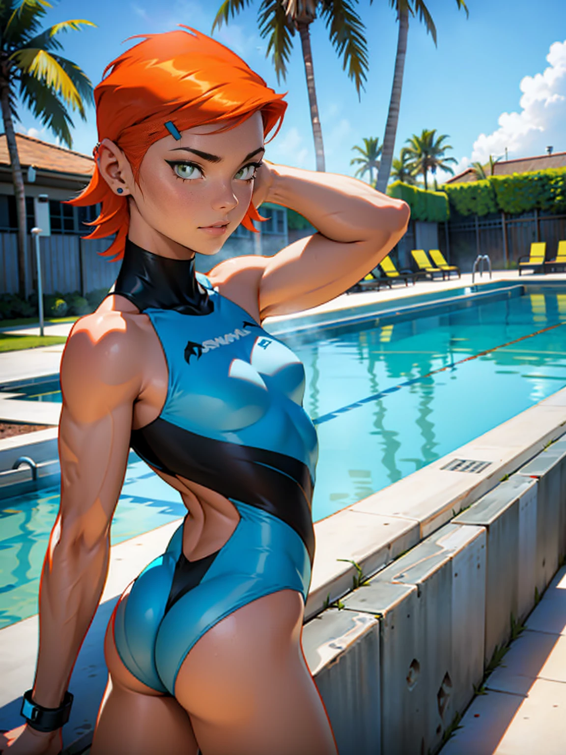 gwendolyn_tennyson, shaved side, pool background,Monokini ,female, 1girl, big ass, woman, shark