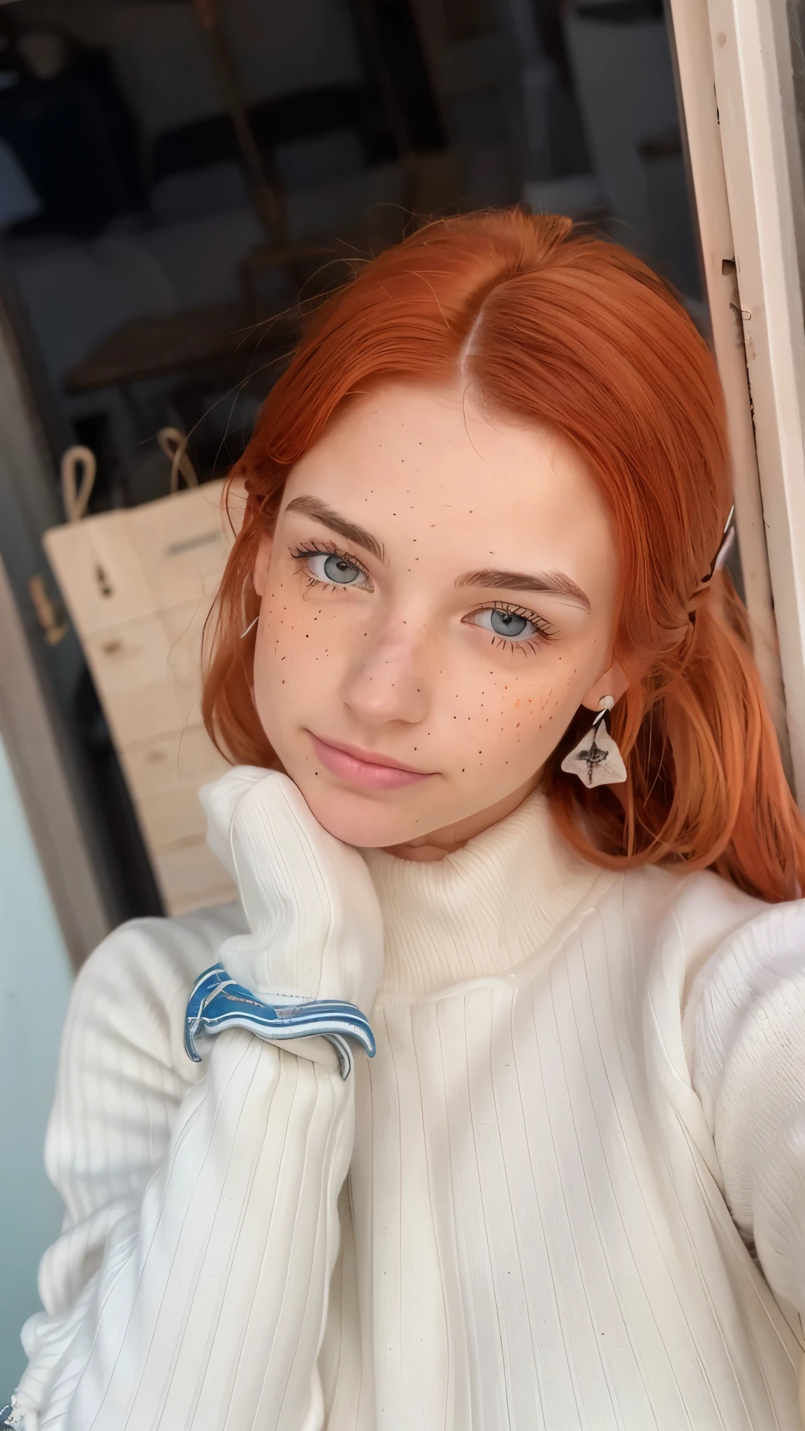 Chica pelirroja con rasgos delicados, veige sweatshirt, very pale skin with some freckles on the face, small and sparse eyelashes, He is about 18 years old and his appearance is sweet.
