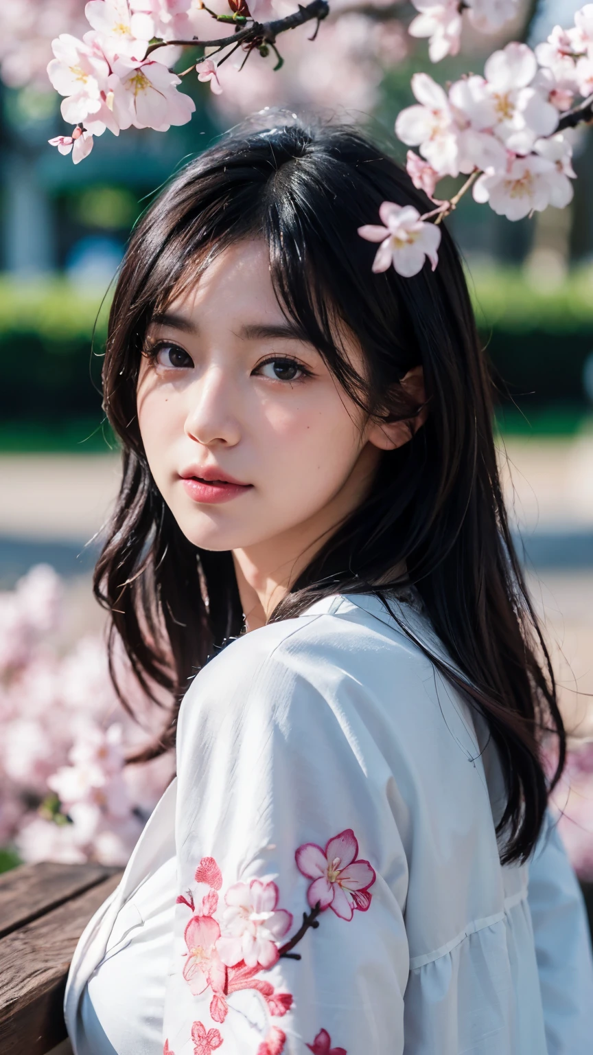 (logo、masterpiece、8k、table top、RAW photo、wonderful、最high quality、Photorealistic and hvery detailed CG integrated 8k wallpaper、high quality、very detailed、narrative poem、particle effects、dynamic effects、Depth of the bounds written、cinematic light、Lens flare、ray tracing)、fantasy、 (1 beautiful woman、white kimono、Japan Dresses、white cherry blossom pattern、White cherry blossom embroidery pattern、black haired、beautiful face、real face、beautiful details eyes beautiful skin)、Hair flutters in Wind、hair bounces、pink cherry tree、petals dance、SakuraFubuki、Spectacular view、sunrise、sun on background、Wind、god々、tooth、god話、vast land、