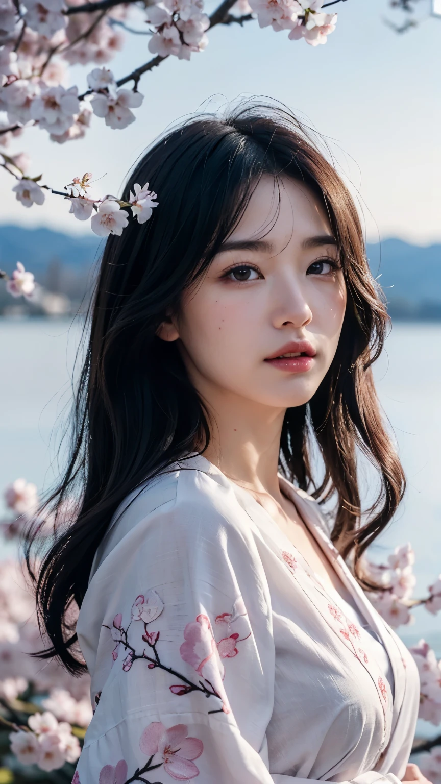 (logo、masterpiece、8k、table top、RAW photo、wonderful、最high quality、Photorealistic and hvery detailed CG integrated 8k wallpaper、high quality、very detailed、narrative poem、particle effects、dynamic effects、Depth of the bounds written、cinematic light、Lens flare、ray tracing)、fantasy、 (1 beautiful woman、white kimono、Japan Dresses、white cherry blossom pattern、White cherry blossom embroidery pattern、black haired、beautiful face、real face、beautiful details eyes beautiful skin)、Hair flutters in Wind、hair bounces、pink cherry tree、petals dance、SakuraFubuki、Spectacular view、sunrise、sun on background、Wind、god々、tooth、god話、vast land、