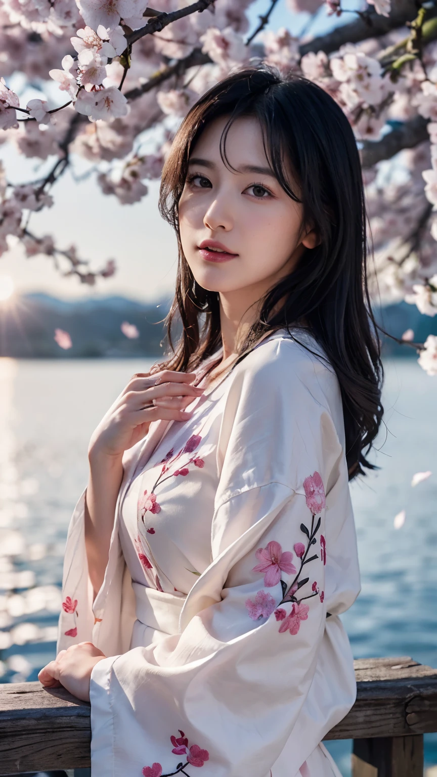 (logo、masterpiece、8k、table top、RAW photo、wonderful、最high quality、Photorealistic and hvery detailed CG integrated 8k wallpaper、high quality、very detailed、narrative poem、particle effects、dynamic effects、Depth of the bounds written、cinematic light、Lens flare、ray tracing)、fantasy、 (1 beautiful woman、white kimono、Japan Dresses、white cherry blossom pattern、White cherry blossom embroidery pattern、black haired、beautiful face、real face、beautiful details eyes beautiful skin)、Hair flutters in Wind、hair bounces、pink cherry tree、petals dance、SakuraFubuki、Spectacular view、sunrise、sun on background、Wind、god々、tooth、god話、vast land、