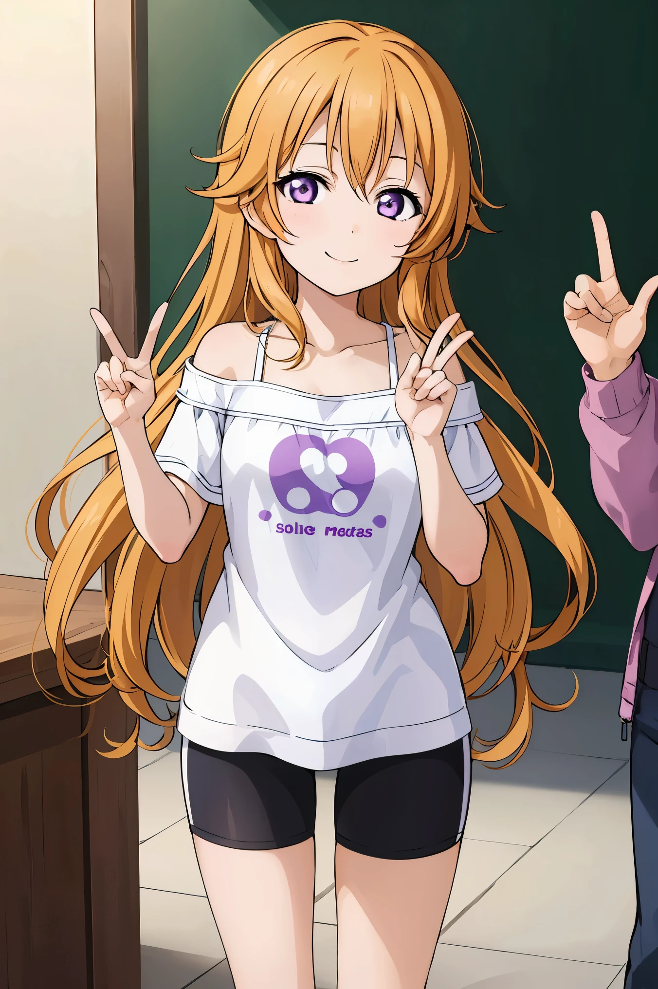 (best quality, masterpiece:1.2), (1girl, solo:1.2), cute, smile,  detailed background, (looking at viewer, solo focus:1.2), 
Konoe kanata, long hair, straight hair, purple eyes, blonde hair, off shoulder, spaghetti strap, purple t-shirt, short sleeves, black bike shorts, standing, two peace sign, solo focus, 