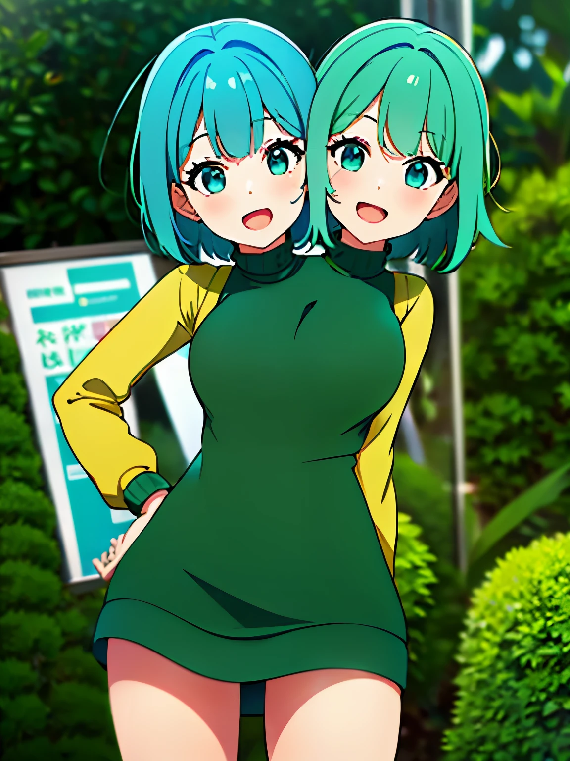 (masterpiece),(ultra-detailed), (high quality), (high resolution), (best quality:1.5, highres, UHD), highres, absurd, ultra detail, ultra quality, Ultra resolution, 16k, ((2heads:1.5)), teal hair, blue green hair, different hairstyles, turquoise eyes, casual wear, (turquoise turtleneck sweater), sleeveless sweater, strong and confident expressions, ((kindergarten )), smiling, open mouth, sticking out tongue, green construction helmets, ((two headed girl