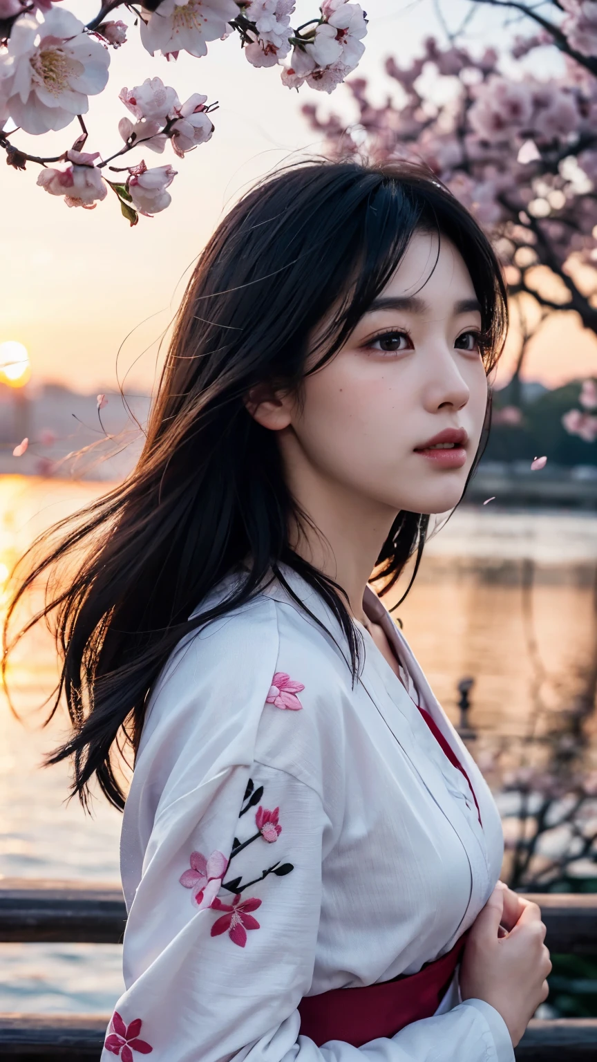 (logo、masterpiece、8k、table top、RAW photo、wonderful、最high quality、Photorealistic and hvery detailed CG integrated 8k wallpaper、high quality、very detailed、narrative poem、particle effects、dynamic effects、Depth of the bounds written、cinematic light、Lens flare、ray tracing)、fantasy、 (1 beautiful woman、white kimono、Japan Dresses、white cherry blossom pattern、White cherry blossom embroidery pattern、black haired、beautiful face、real face、beautiful details eyes beautiful skin)、Hair flutters in Wind、hair bounces、pink cherry tree、petals dance、SakuraFubuki、Spectacular view、sunrise、sun on background、Wind、god々、tooth、god話、vast land、