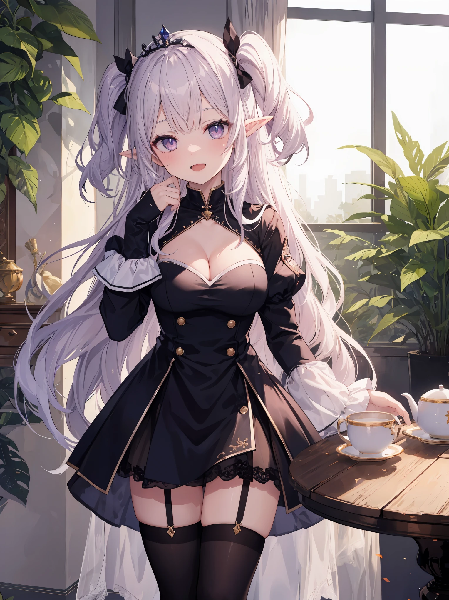 ((masterpiece)), (best quality), (highly detailed), (ultra quality), (8k wallpaper), (nice hands), (perfect hands), ((perfect anatomy)), shiny skin, Depth of field, pastel colors, kawaii, cute colors, beautiful small face, (clear face), (ultra-detailed), extremely, delicate and beautiful skin, detailed shiny hair BREAK 1girl, elf girl, pink cheek, purple hair, (very long hair), (one side up:1.2), purple eyes, (large breasts, cleavage:1.1), princess tiara, wearing Princess Dress, zettairyouiki, knee high tights with white garter belt, miniskirt BREAK arms down, at royal garden background, tea time, tea party, round table, teacup, chair, light smile, open mouth, light leaks, light particles, rim light, cowboy shot, mioha, more_details:0.5