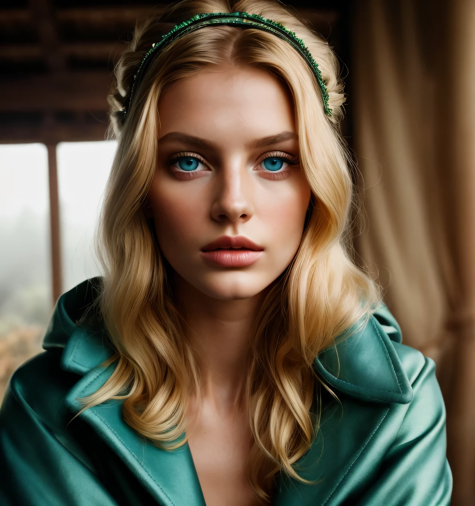 Russisches Modell, Beautiful girl, Full body, dramatisches Licht, golden skin, green realistic eyes, Hippie-Stil, Hipster, buntes Kleid, goldenes Licht, Filmlicht, Detail in der Haut, analog, Filmkorn, anamorph, (Realistisch, photo-Realistisch:1.33), Niedlich, blaue Augen, Mexikanischer Mantel, Stoffstruktur, Mexikanisches Muster, Stirnband, atmospheric background, Nebelig, Hasselblad, Mode, Mode, Spiegelbild in den Augen, Realismus