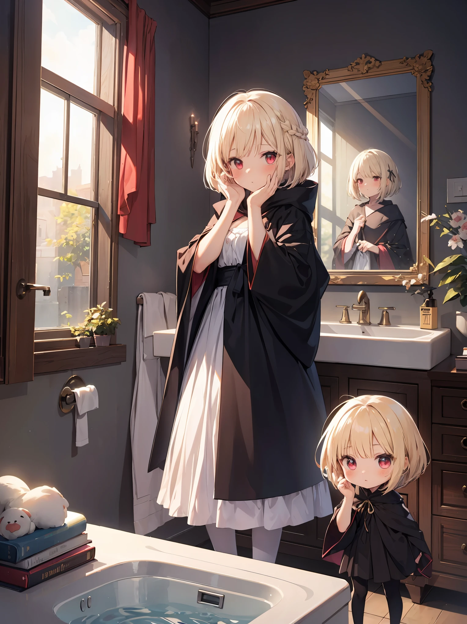 ((put your hand on your face)), ((surprised)), (Looking at the front)), (blush), 1 girl, 、young、Chibi、blonde, red eyes, braided hair, bob cut, Fantasy style neat costume, wizard, frills, robe, long skirt, tights, black cloak, sink, Bathroom, mirror, concept art, beautiful anime scene, beautiful anime scenery, highest quality, ((masterpiece))