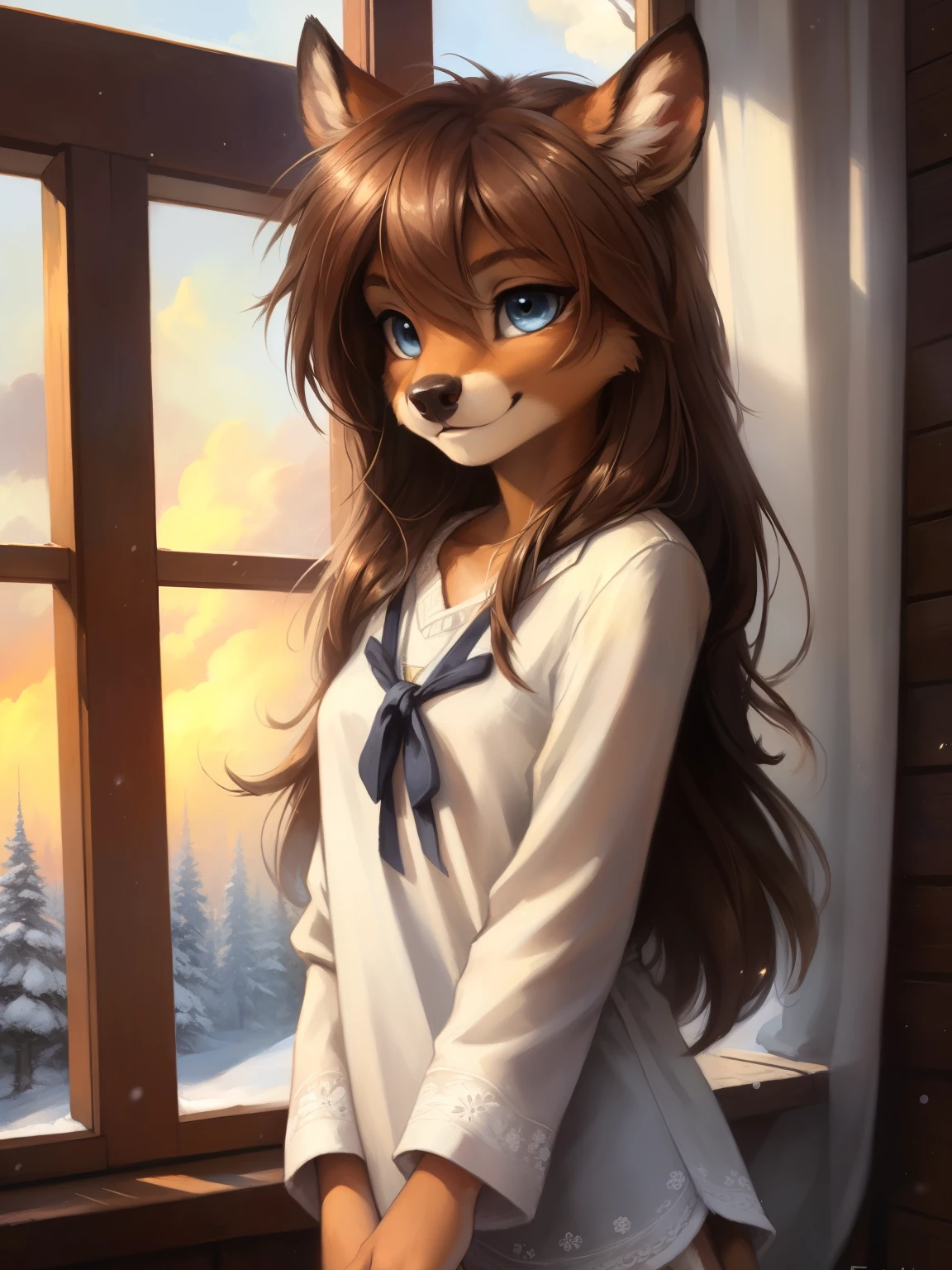 uploaded the e621, beautiful and detailed portrait of a (((female))) small very young solo teenage young anthro female deer doe with with small hips and a skinny body and ((clear navy blue eyes)),  ( small legs and hips :1.5), small pelvis, Slim waist, wearing a comfy winter fullbody pijama, inside of a warm and cozy house or room, long brown hair,  kenket, Ross Tran,ruan jia, uploaded to e621, zaush, foxovh, zenematic lighting, deer,full body, day, beautiful, messy hair, brown hair, 1girl, solo, night, smiling shyly, detailed,hair covering eyes,  winter sky,  black and brown hair, long hair floating in the wind, beautiful, (sublime: 1.0), (Extremely sensitive: 1.0), 