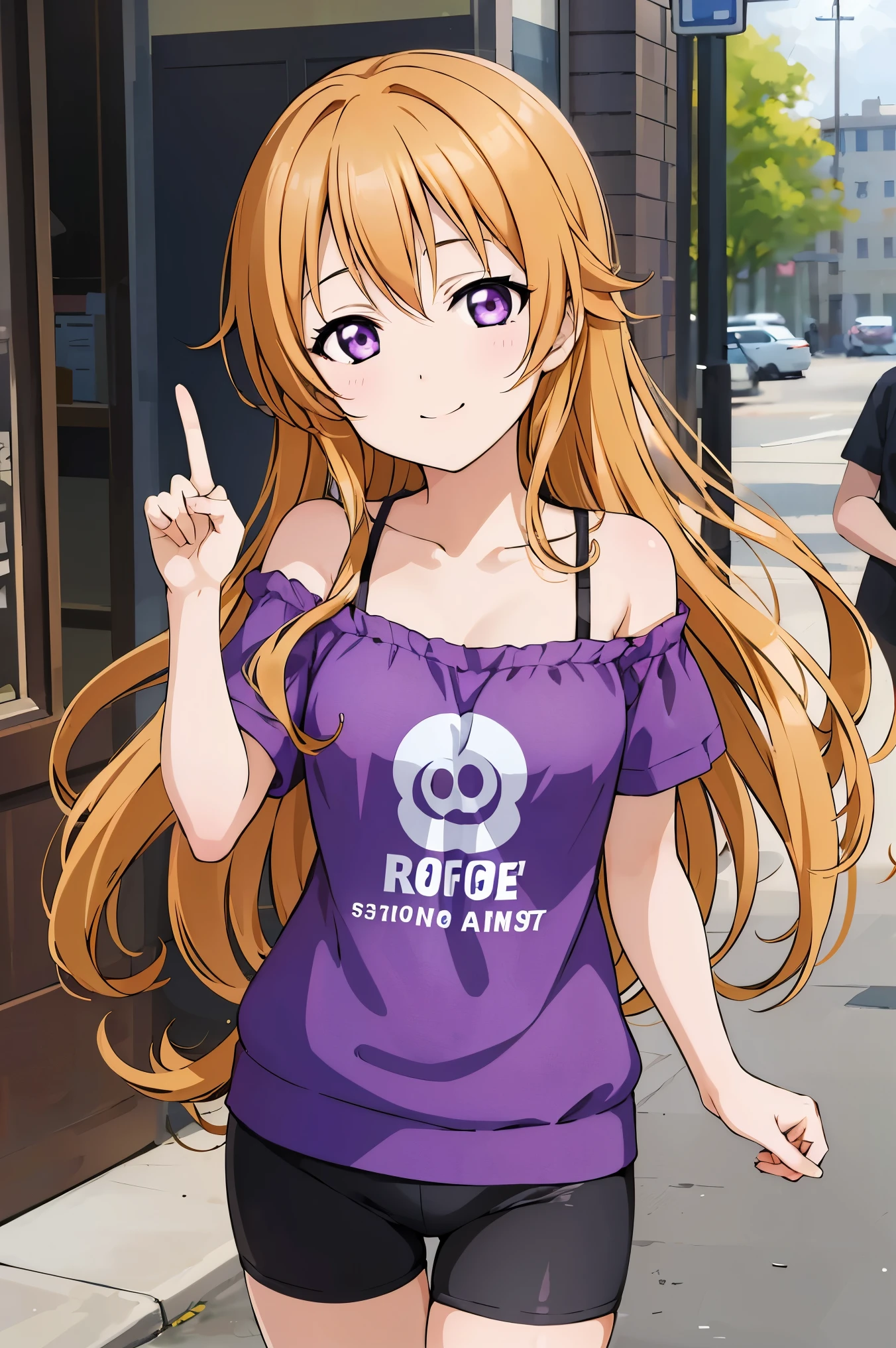 (best quality, masterpiece:1.2), (1girl, solo:1.2), cute, smile, detailed background, (looking at viewer, solo focus:1.2),
Konoe kanata, long hair, straight hair, purple eyes, blonde hair, off shoulder, spaghetti strap, purple t-shirt, short sleeves, black bike shorts, standing, two peace sign, solo focus,