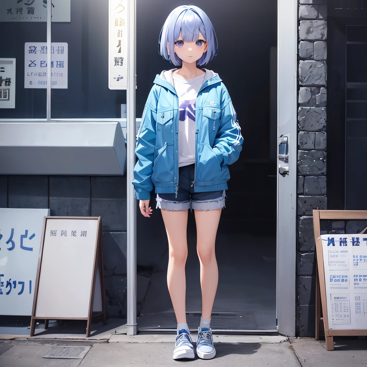 Light blue-violet hair、short bob hair、blunt bangs,violet eyes、blue down jacket、white inner、denim shorts、sneakers、whole body、High quality、standing position、1 girl、Sparkling night view background、