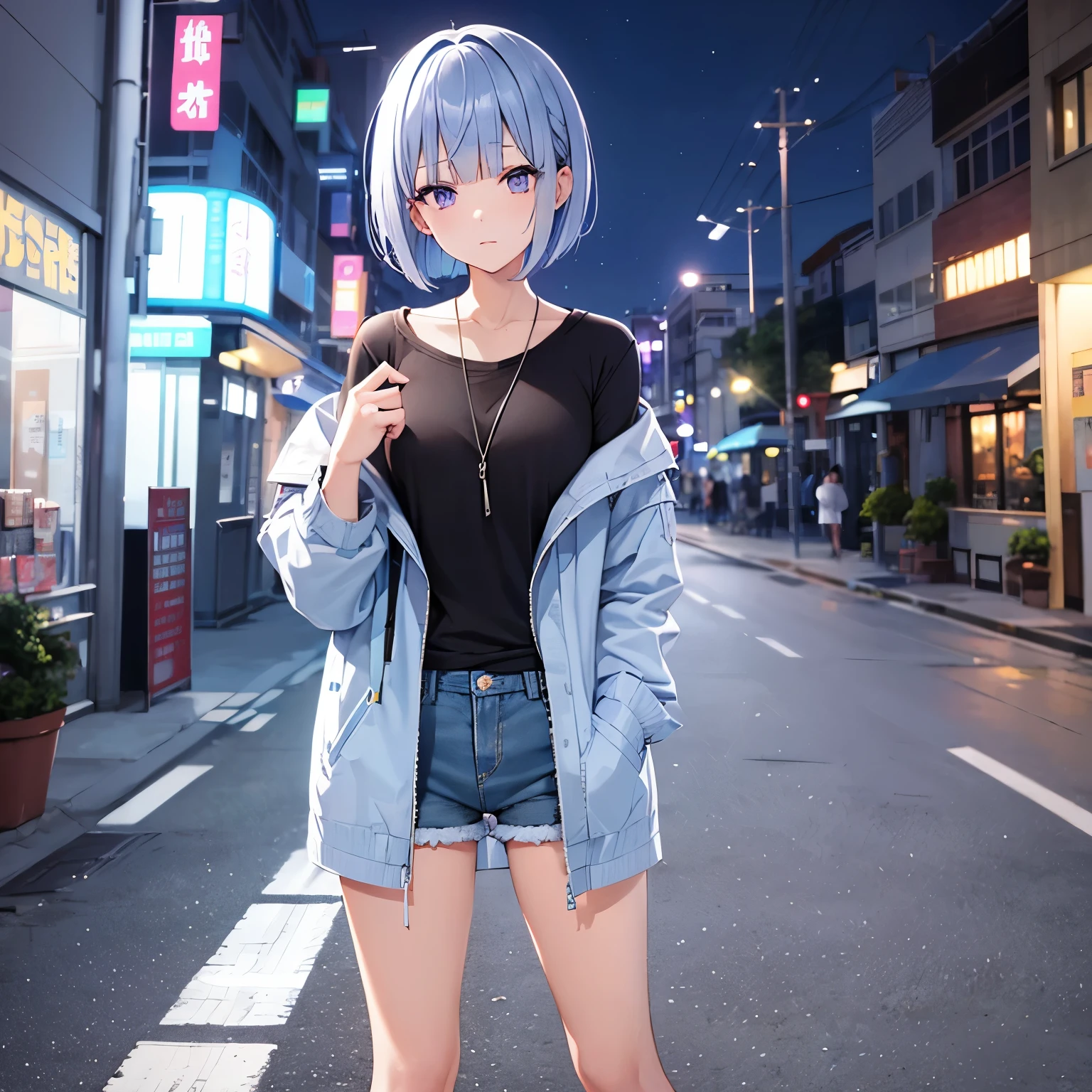 Light blue-violet hair、short bob hair、blunt bangs,violet eyes、blue down jacket、white inner、denim shorts、sneakers、whole body、High quality、standing position、1 girl、Sparkling night view background、
