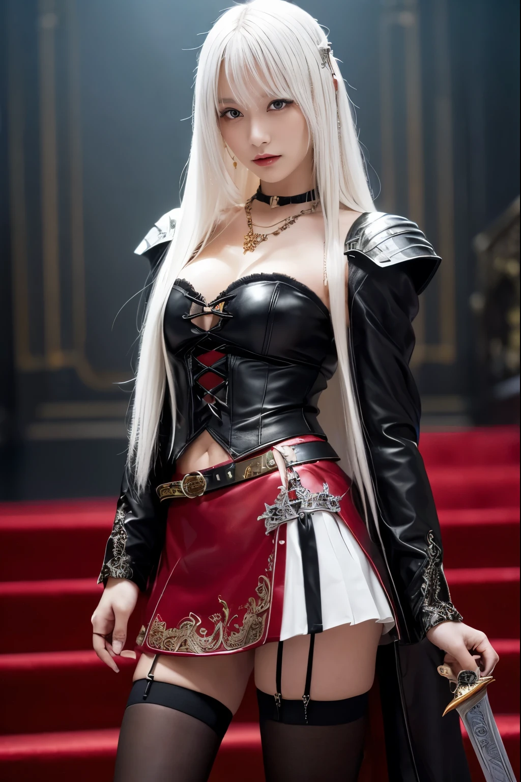 ( absurdly , high quality , Super detailed,See photographer ), ((dynamic pose)), ((hand holding a sword)), ((gripping sword in hand,)) ((black騎士、BlackKnight、vampire night))、1 girl, alone, (((very long white hair,blackいコウモリの羽))), 美しいクリスタルのeye ( eye ) baroque, necklace, elegant, colorful、leather mini skirt,Red with detailed, beautiful and colorful patterns,black,White costume