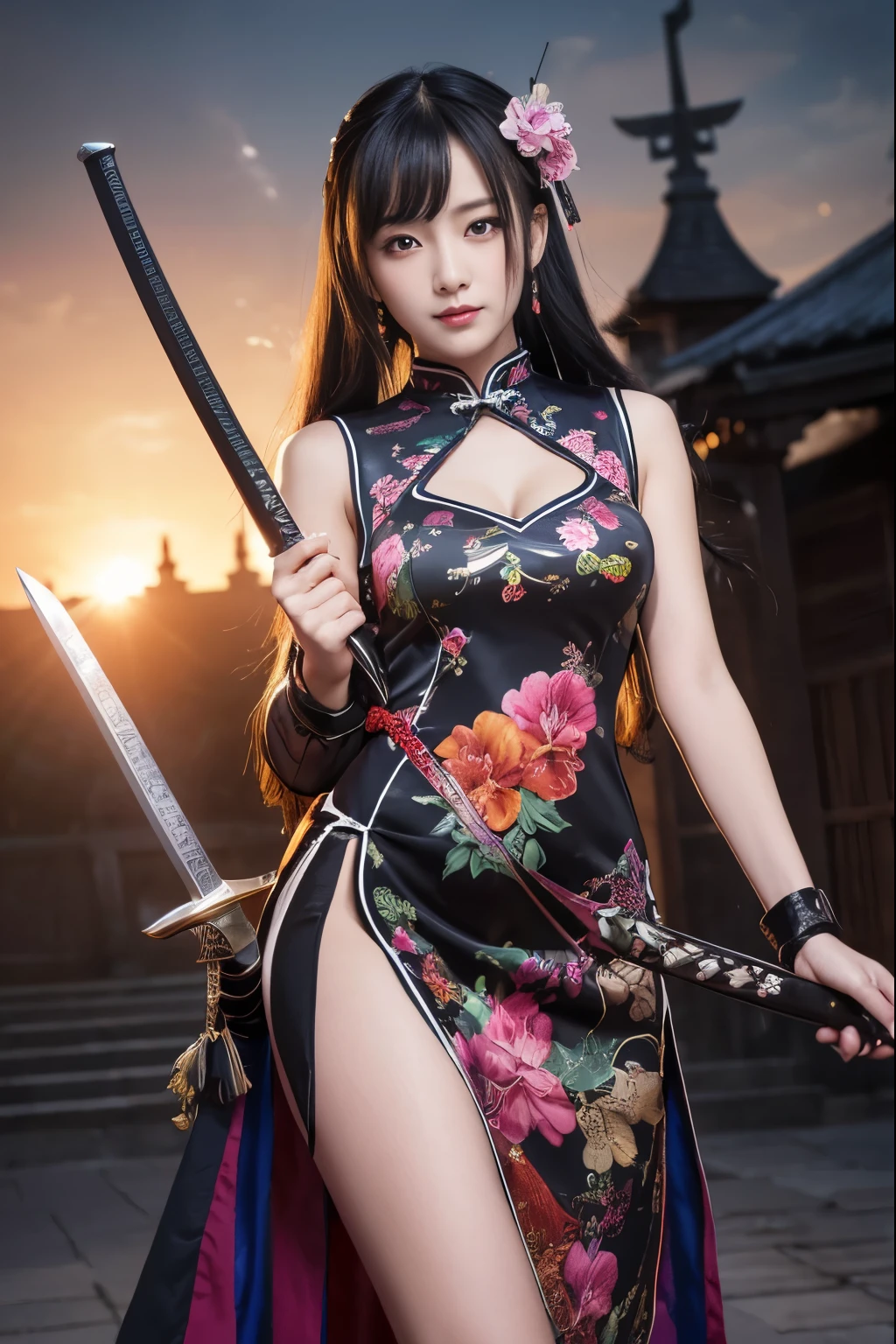 ( absurdly , high quality , Super detailed,See photographer ), ((A girl holding a sword and a sword in a dynamic pose,  she has a sword, she has a katana sword, beautiful sword )), ((Black Knight、BlackKnight、vampire night))、1 girl, alone, (((very long white hair))), 美しいクリスタルのeye ( eye ) baroque, necklace, elegant, colorful、,Cheongsam dress costume with detailed and beautiful colorful patterns