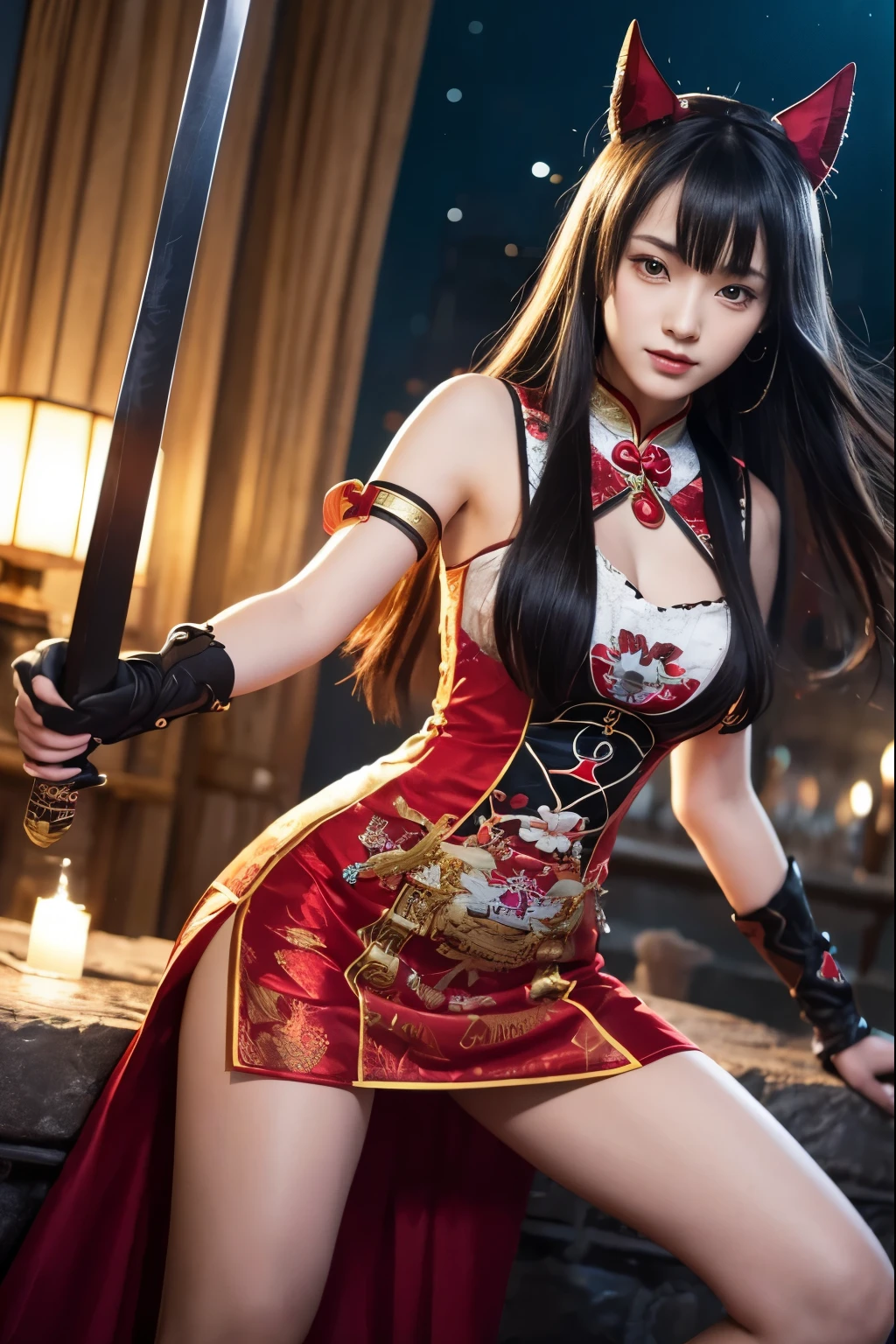 ( absurdly , high quality , Super detailed,See photographer ), ((A girl holding a sword and a sword in a dynamic pose, she has a sword, she has a katana sword, beautiful sword )), ((Black Knight、BlackKnight、vampire night))、1 girl, alone, (((very long white hair))), 美しいクリスタルのeye ( eye ) baroque, necklace, elegant, colorful、,Cheongsam dress costume with detailed and beautiful colorful patterns