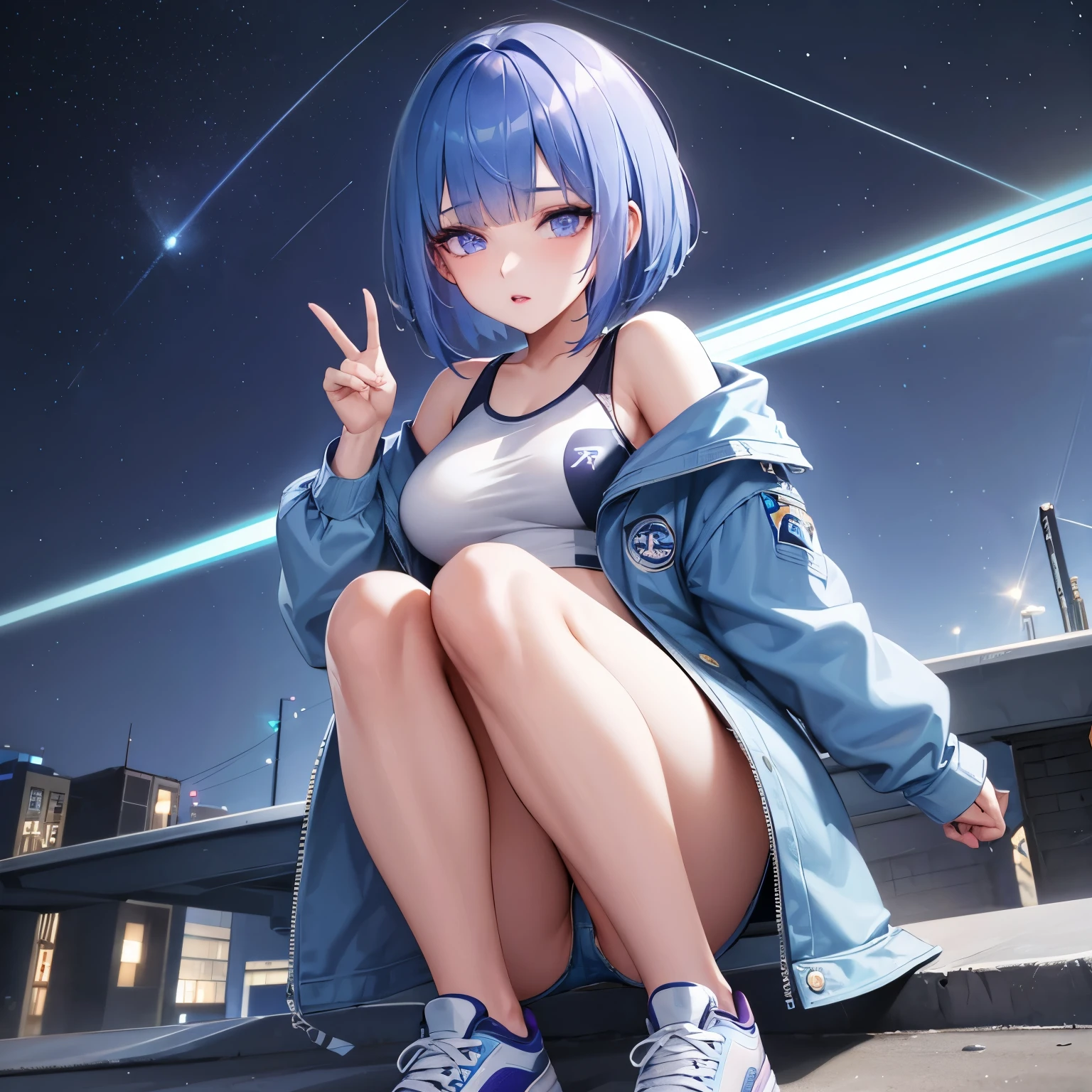 Light blue-violet hair、short bob hair、blunt bangs,violet eyes、blue down jacket、white inner、denim shorts、sneakers、whole body、High quality、standing position、1 girl、Sparkling night view background、