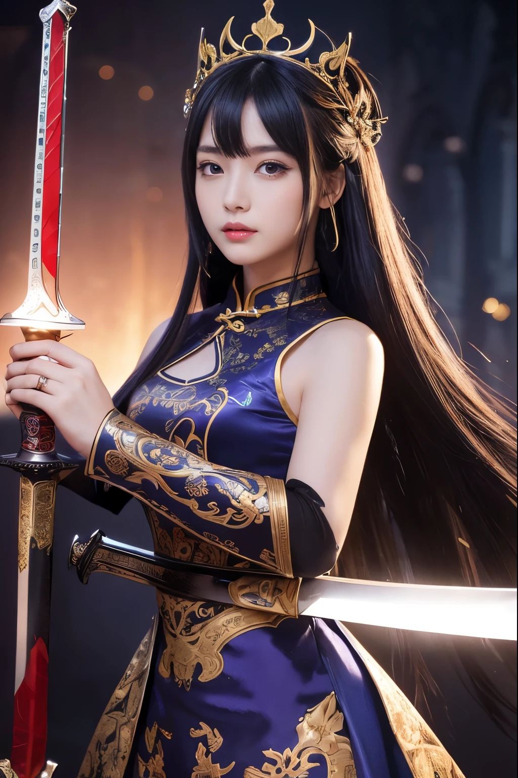 ( absurdly , high quality , Super detailed,See photographer ), ((A girl holding a sword in a dynamic pose, she has a sword, she has a sword 1.2, beautiful sword)), ((Black Knight、BlackKnight、vampire night))、beautiful girl, Alone, (((very long white hair))), beautiful crystal eyes ,Queen,baroque, necklace, elegant, colorful,tiara,hair ornaments,Cheongsam dress costume with detailed and beautiful colorful patterns