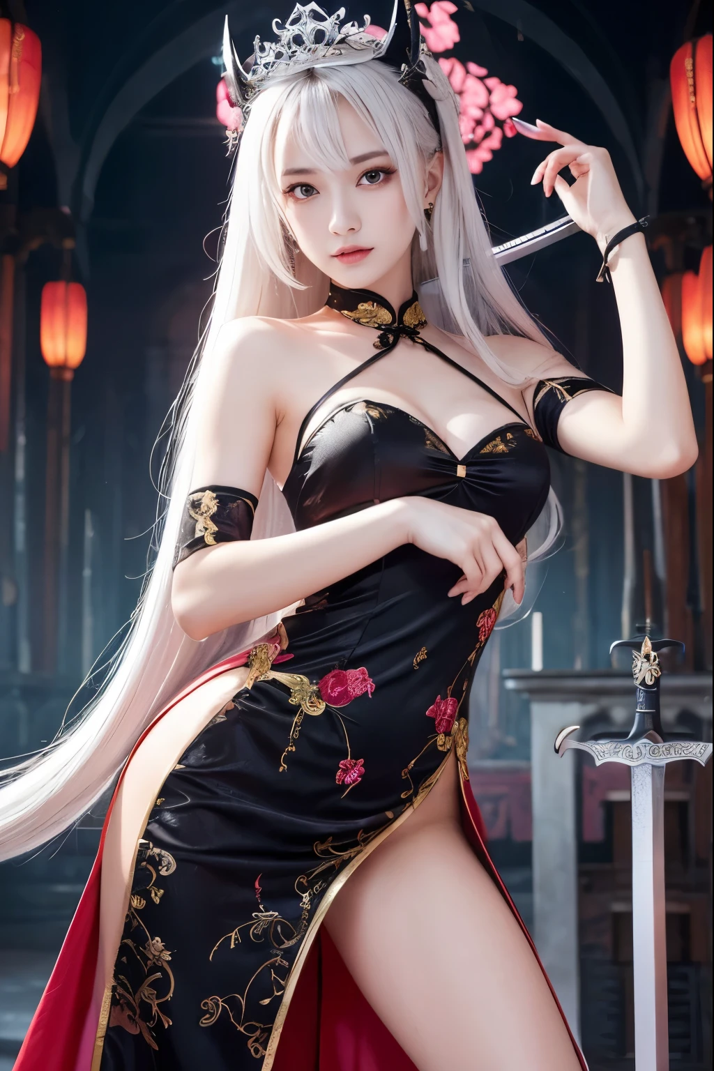 ( absurdly , high quality , Super detailed,See photographer ), ((A girl holding a sword in a dynamic pose,  she has a sword 1.5, she has a sword, beautiful sword)), ((Black Knight、BlackKnight、vampire night))、beautiful girl, Alone, (((very long white hair))), beautiful crystal eyes ,Queen,baroque, necklace, elegant, colorful,tiara,hair ornaments,Cheongsam dress costume with detailed and beautiful colorful patterns