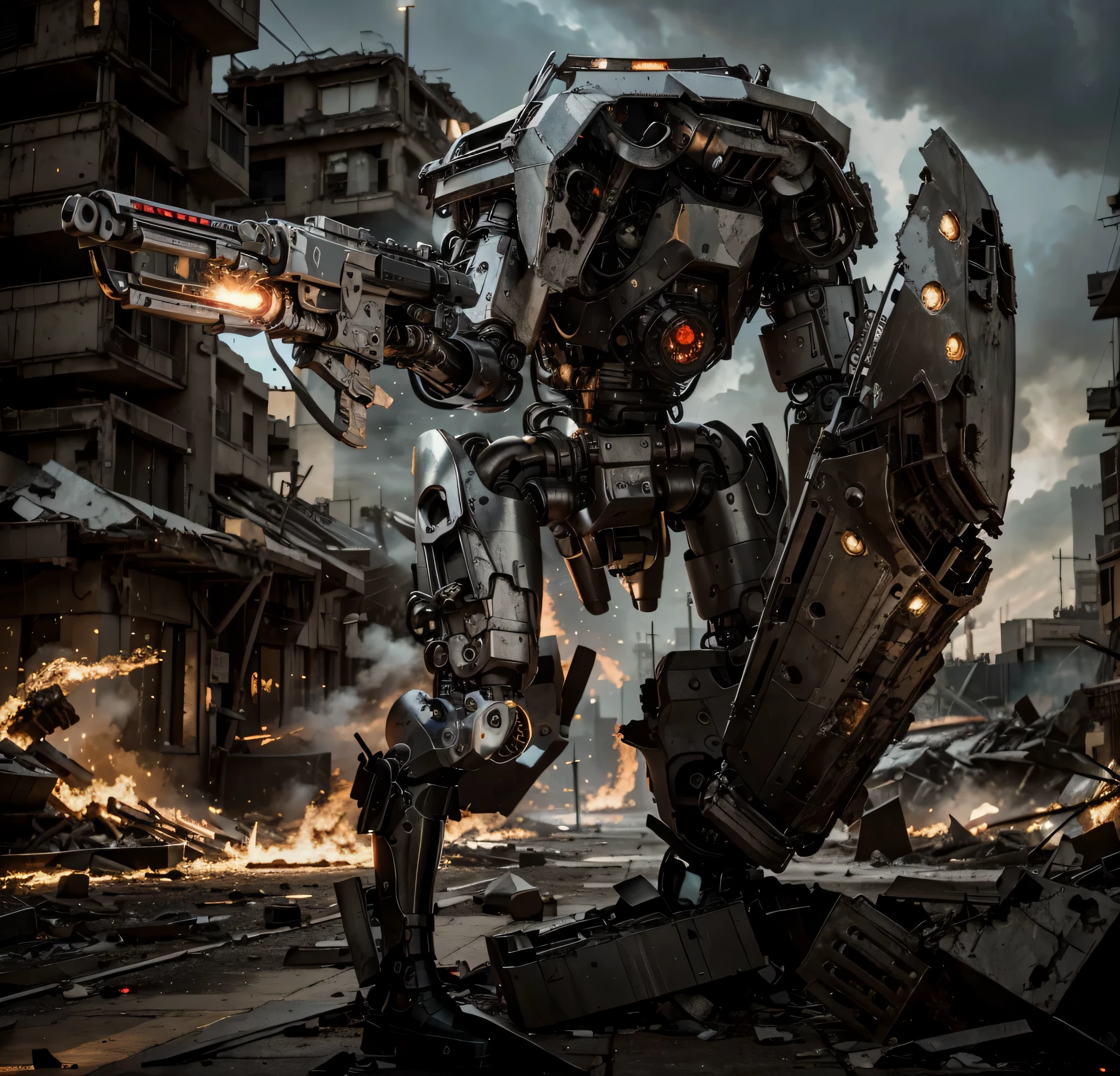Robot pesado estilo terminator sin cabeza, A single red cyber eye., metal cromado ultra avanzado, He holds a heavy laser rifle and a modern metal shield, is in a totally destroyed post apocalyptic city, fuego y humo, Hyper Realista, 4k, Imagen ultra detallada, Realista, muy detallado, perfect composition, beautiful intricately detailed incredibly detailed, Artistic photography in 8K, hiper detallado, Obra maestra