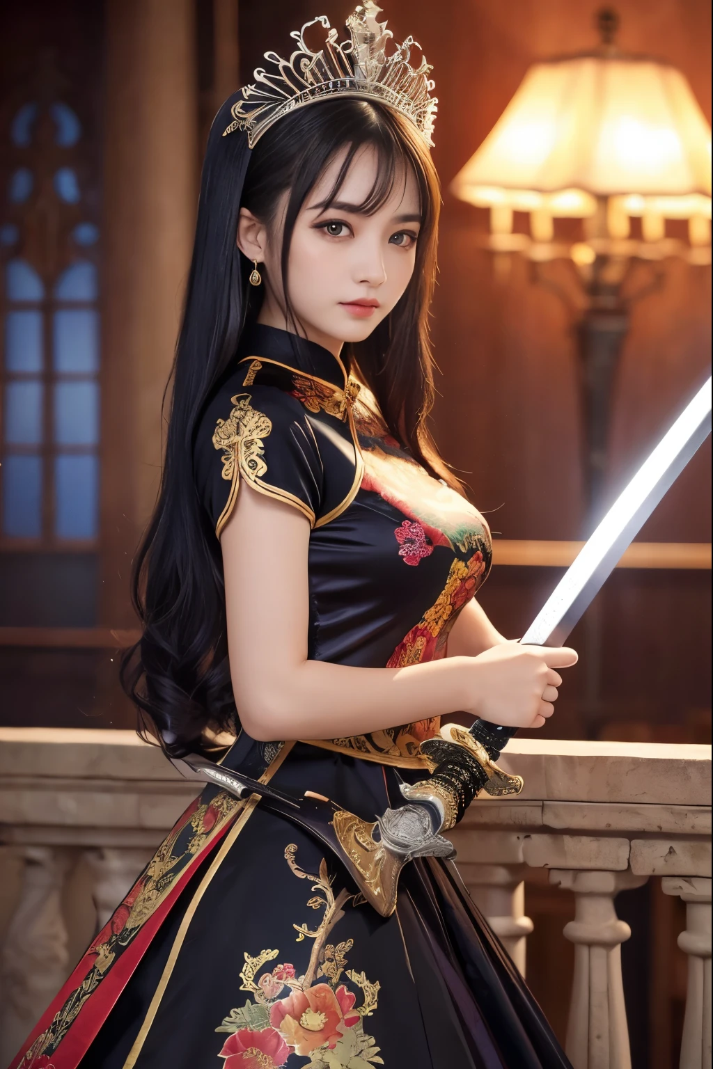 ( absurdly , high quality , Super detailed,See photographer ), ((A girl holding a sword in a dynamic pose, she has a sword, she has a sword 2.5, beautiful sword)), ((Black Knight、BlackKnight、vampire night))、beautiful girl, Alone, (((very long white hair))), beautiful crystal eyes ,Queen,baroque, necklace, elegant, colorful,tiara,hair ornaments,Cheongsam dress costume with detailed and beautiful colorful patterns