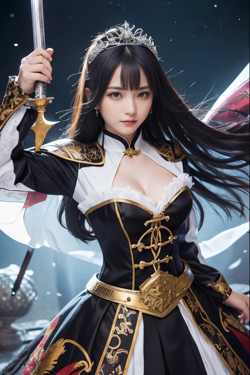 ( absurdly , high quality , Super detailed,See photographer ), ((A girl holding a sword in a dynamic pose, she has a sword hilt, beautiful sword)), ((Black Knight、BlackKnight、vampire night))、beautiful girl, Alone, (((very long white hair))), beautiful crystal eyes ,Queen,baroque, necklace, elegant, colorful,tiara,hair ornaments,Cheongsam dress costume with detailed and beautiful colorful patterns
