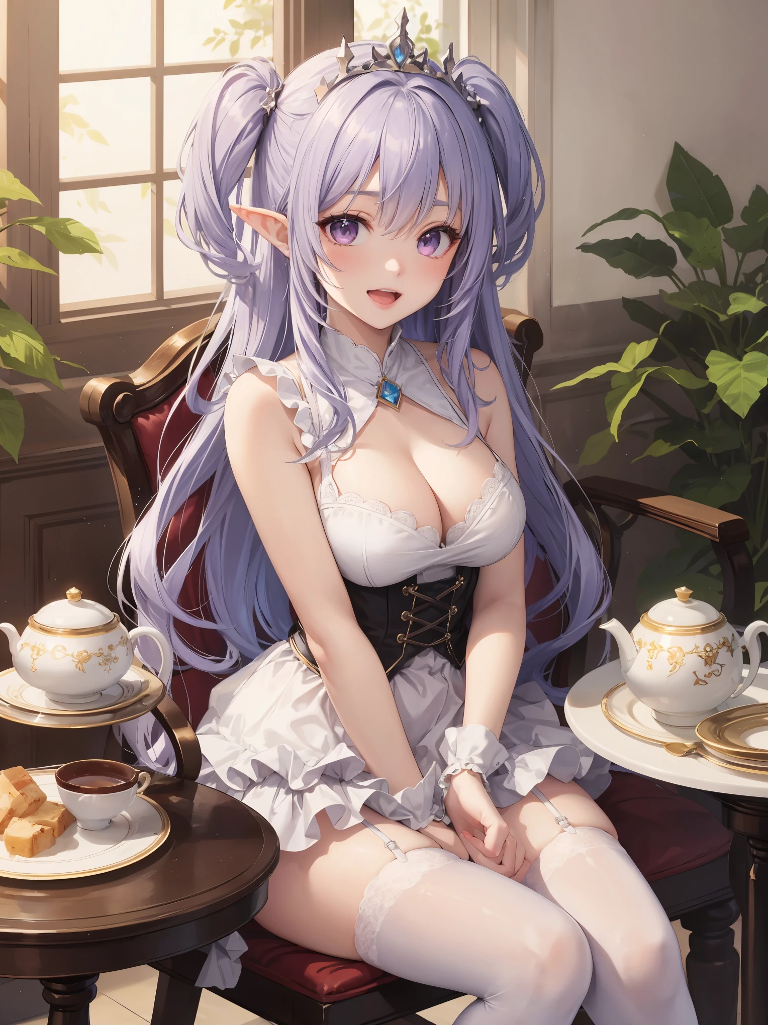 ((masterpiece)), (best quality), (highly detailed), (ultra quality), (8k wallpaper), (nice hands), (perfect hands), ((perfect anatomy)), shiny skin, Depth of field, pastel colors, kawaii, cute colors, beautiful small face, (clear face), (ultra-detailed), extremely, delicate and beautiful skin, detailed shiny hair BREAK 1girl, elf girl, pink cheek, purple hair, (very long hair), (one side up:1.2), purple eyes, (large breasts, cleavage:1.1), princess tiara, wearing Princess Dress, zettairyouiki, knee high tights with white garter belt, miniskirt BREAK arms down, at royal garden background, tea time, tea party, round table, teacup, chair, light smile, open mouth, light leaks, light particles, rim light, cowboy shot, mioha, more_details:0.5