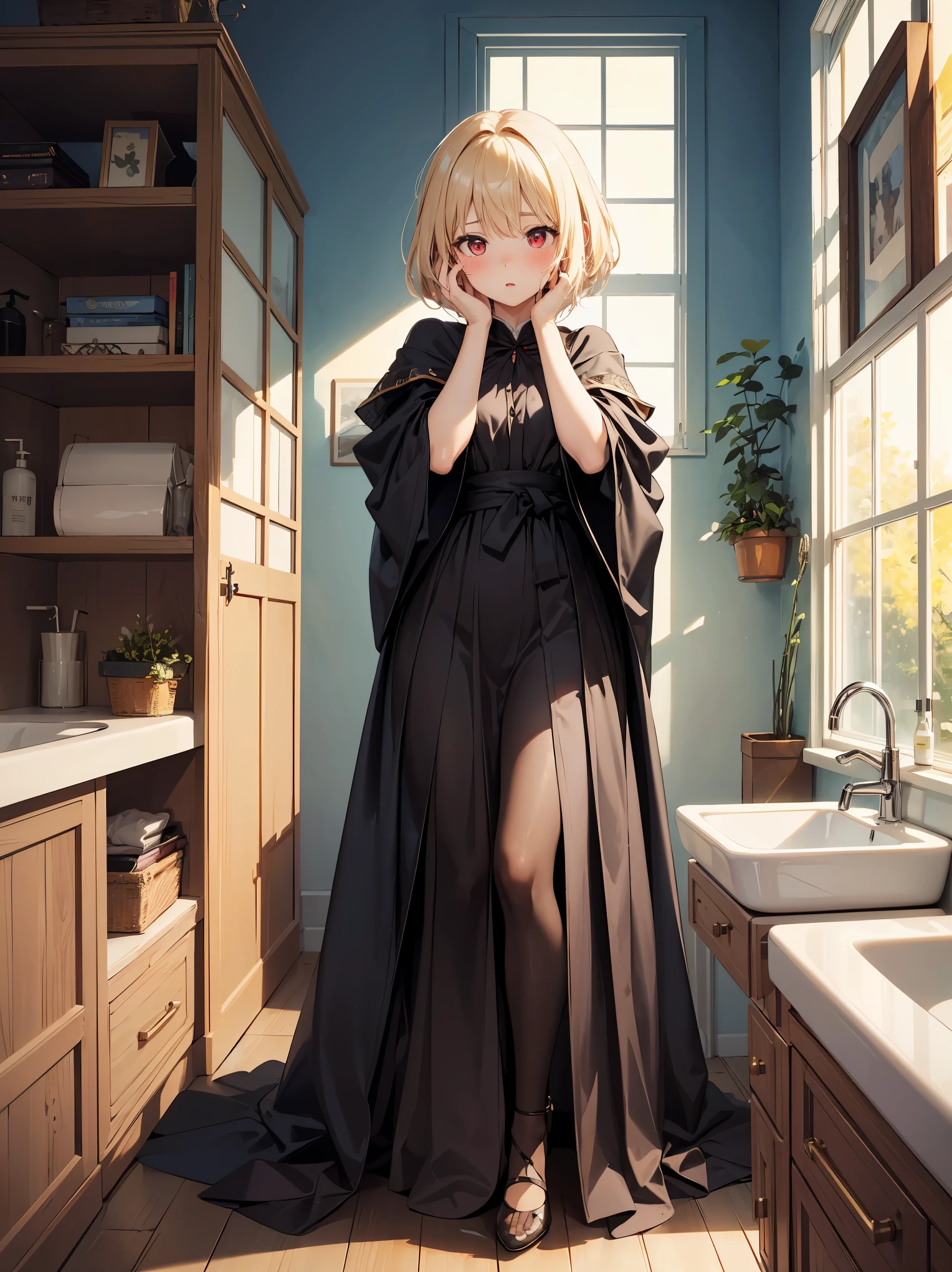 ((put your hand on your face)), ((surprised)), (Looking at the front)), (blush), 1 girl, 、young、Chibi、blonde, red eyes, braided hair, bob cut, Fantasy style neat costume, wizard, frills, robe, long skirt, tights, black cloak, sink, Bathroom, mirror, concept art, beautiful anime scene, beautiful anime scenery, highest quality, ((masterpiece))
