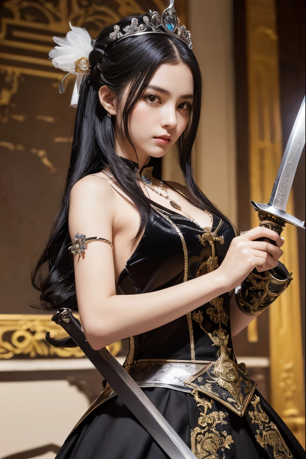 ( absurdly , high quality , Super detailed,See photographer ), ((Dynamic swordsman pose, she has a sword hilt, beautiful sword)), ((Black Knight、BlackKnight))、beautiful girl, Alone, (((very long white hair))), beautiful crystal eyes ,Queen,baroque, necklace, elegant, colorful,tiara,hair ornaments,Cheongsam dress costume with detailed and beautiful colorful patterns