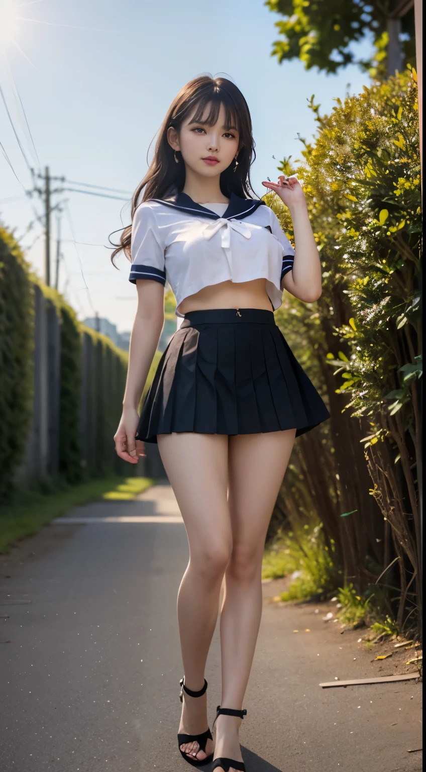 (highest quality:1.4), (hyper quality), (Super detailedな), 1 beautiful girl, (group of female high school students:1.3), Super cute, wonderful face and eyes, (Short-sleeved sailor suit made of thin white fabric), Black pleated micro mini skirt with low rise:1.1, (black pleated mini skirt:1.5), (Beautiful and incredibly big breasts:1.3), (The shape of the nipple protrusions through the uniform:1.4), (uniform is not exposed:1.2), (The fabric of the uniform is thin and the shape of her chest is clearly visible.:1.3), Realistic uniform wrinkles, (underboob:1.1), (Massaging her breasts over her uniform:1.2), (slender body:1.1), (slender and long beautiful legs), (thin waist), real skin texture, crystal clear very white skin, (bangs:1.2), earrings, light makeup, (Don&#39;t look at me, look ahead), beautiful goddess advent, beautiful background, golden ratio, conceptual art, Super detailed, Accurate, advanced details, (walk along a path surrounded by fields:1.2), My chest sways, Super close, sexy art, (Under the summer sun), bright light, Super delicate illustration details, Highly detailed CG integrated 8k wallpaper, RAW photo, professional photos, cinematic lighting, Depth of the bounds written, No bra, (The nipple protrusions push up the uniform:1.2), cropped tops, High heels on bare feet