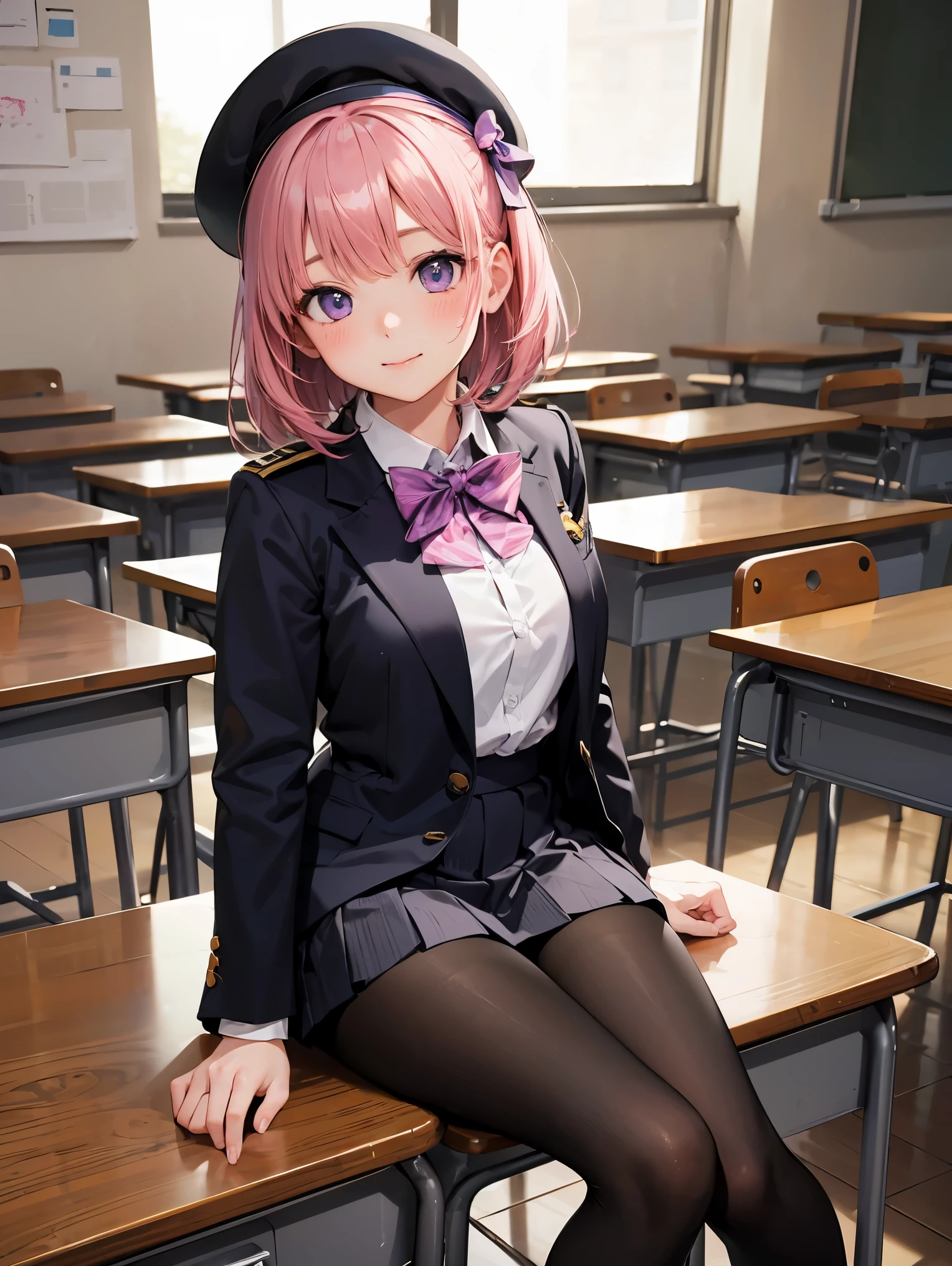 細部に至るまinの傑作、highest quality、realistic、1 girl、solo、18-year-old、Looks about 5 years old、140cm beautiful girl、、5 year old baby face、Silky hair、Gradient bob in the forward、pink and purple mesh、big vertical eyes、Outstanding looks、cute 、proximity、closed_mouth、laughter、blush、恥ずかしさinいっぱい、beret、pink bow tie、Branded uniforms、 青いblazer、blazer、pleated skirt、gray skirt、silk blouse、white blouse、feet、black tights、sit on top、classroom、hair_ornament、looking for_in_viewer、beiniful detailed eyes、realistic目、tights on、Not clear、professional effects、Not clear、enhanced elegance、Really ridiculous cuteness、cute
