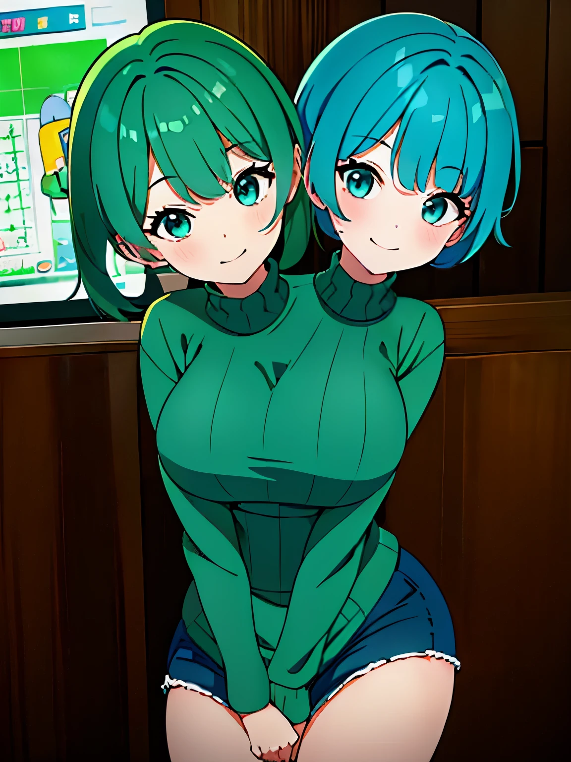 (masterpiece),(ultra-detailed), (high quality), (high resolution), (best quality:1.5, highres, UHD), highres, absurd, ultra detail, ultra quality, Ultra resolution, 16k, ((2heads:1.5)), teal hair, blue green hair, different hairstyles, turquoise eyes, casual wear, (turquoise turtleneck sweater), sleeveless sweater, strong and confident expressions, ((kindergarten)), (smiling), green construction helmets, ((two headed girl))