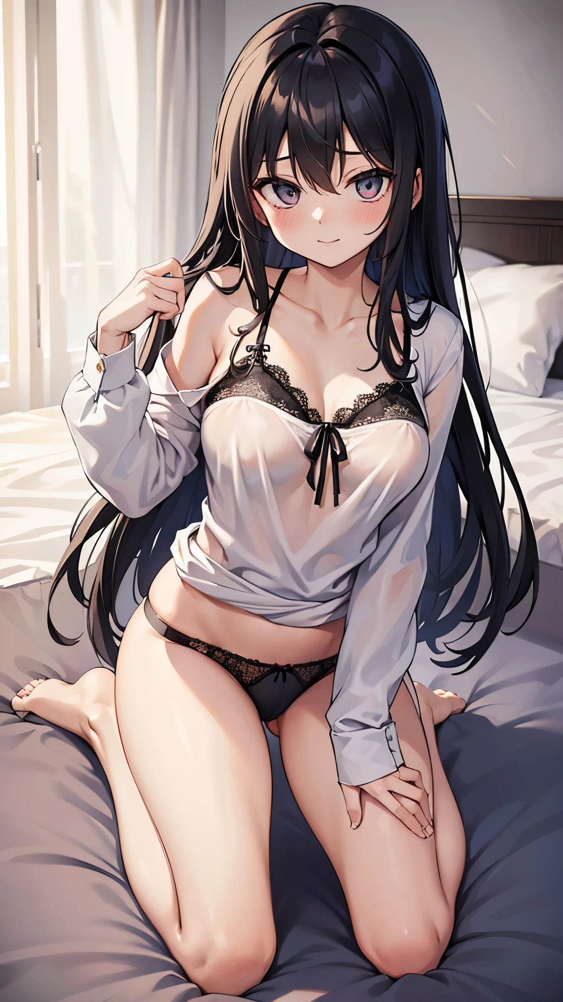 waking up, messy hair, bed head, black lace panties, loosy baggy shirt, kneeling in bed, long hair, c cup breasts, happy