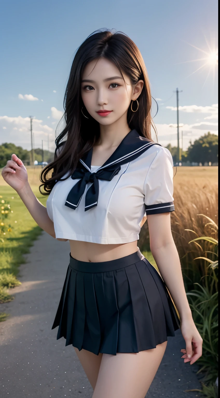 (highest quality:1.4), (hyper quality), (Super detailedな), 1 beautiful girl, (group of female high school students:1.3), Super cute, wonderful face and eyes, (Short-sleeved sailor suit made of thin white fabric), Black pleated micro mini skirt with low rise:1.1, (black pleated mini skirt:1.5), (Beautiful and incredibly big breasts:1.3), (The shape of the nipple protrusions through the uniform:1.4), (uniform is not exposed:1.2), (The fabric of the uniform is thin and the shape of her chest is clearly visible.:1.3), Realistic uniform wrinkles, (underboob:1.1), (Massaging her breasts over her uniform:1.2), (slender body:1.1), (slender and long beautiful legs), (thin waist), real skin texture, crystal clear very white skin, (bangs:1.2), earrings, light makeup, (Don&#39;t look at me, look ahead), beautiful goddess advent, beautiful background, golden ratio, conceptual art, Super detailed, Accurate, advanced details, (walk along a path surrounded by fields:1.2), My chest sways, Super close, sexy art, (Under the summer sun), bright light, Super delicate illustration details, Highly detailed CG integrated 8k wallpaper, RAW photo, professional photos, cinematic lighting, Depth of the bounds written, No bra, (The nipple protrusions push up the uniform:1.2), cropped tops, High heels on bare feet