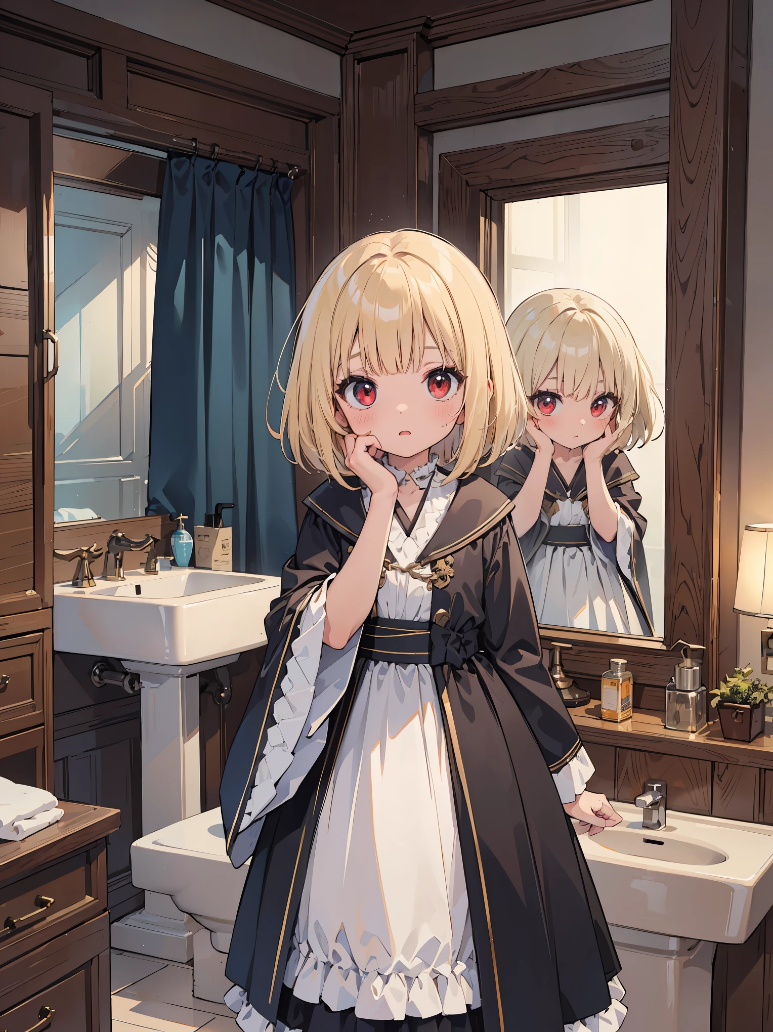 ((put your hand on your face)), ((surprised)), (Looking at the front)), (blush), 1 girl, 、young、Chibi、blonde, red eyes, braided hair, bob cut, Fantasy style neat costume, wizard, frills, robe, long skirt, tights, black cloak, sink, Bathroom, mirror, concept art, beautiful anime scene, beautiful anime scenery, highest quality, ((masterpiece))
