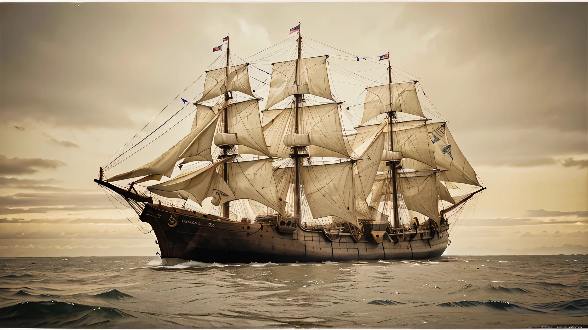 image of an old 17th century British ship, sailing in icy waters, imagem em folha de papel desgastada pelo tempo em tom amarelado