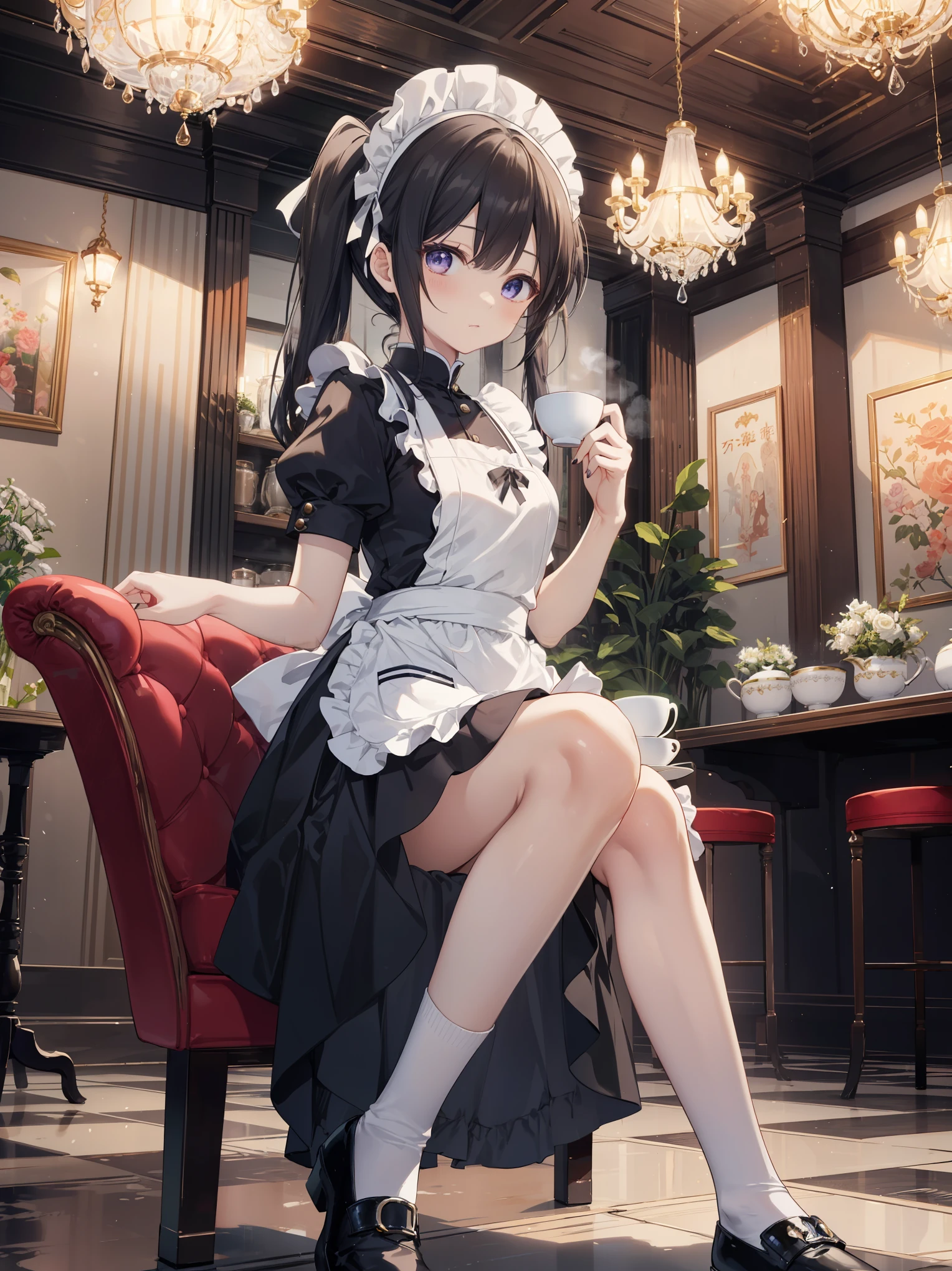 「In the middle of a bustling city、There is a quaint little café that looks like something out of a fairy tale。Its name is also「Maiden Enchantment」。It is famous for its unique theme of maid cafes..。Chandeliers suspended from the ceiling、Luxurious velvet chair、Wall decorated with intricate wallpaper, etc.、Victorian elegance blends modern chic。 In the middle of this enchanting environment is、It's Yuki, The protagonist.。『Maiden Enchantment』Although it is a maid of、More than just a maid。Jet-black hair tied into twin tails、Snow white apron over a navy blue dress、knee high socks、And she in polished black shoes、Embodies the perfect blend of elegance and charm。Her deep purple eyes are、Always shines with mischievous spirit and curiosity。 Yuki is not known only for her impeccable appearance。She is the heart and soul of the café。With a melodious voice like a nightingale、She often serenades classic ballads and modern hits to clientake your customer experience truly magical。She also、All your favorite dishes and、There is also a talent for learning coffee and tea preferences.。 however、What really sets Yuki apart is、It is her uncanny ability to know what someone needs。Be a kind word、attention、Or even fully brewed tea.、She always knows how to make someone's day better。 The sun goes down、When the fairy light in the café begins to shine、You can see Yuki writing her thoughts in her diary at her favorite place by the window。Some say that this is a collection of stories from her café, others、Some believe that it is a story of her own dreams and aspirations。 The overall image is、Everyday café life meets a bit of magic and wonder、It should capture the essence of Yuki's world。From the lace on Yuki's apron to the steam rising from her teacup、Carefully expressed every detail.、Beholder『Maiden Enchantment』It has become a masterpiece that will take you straight into the world。」、 Beautiful  pubic hair ,more_Details:1.3, more_Details:1.8、(a blond:1.5)、Red Eyes、(((The left pupil is star-shap