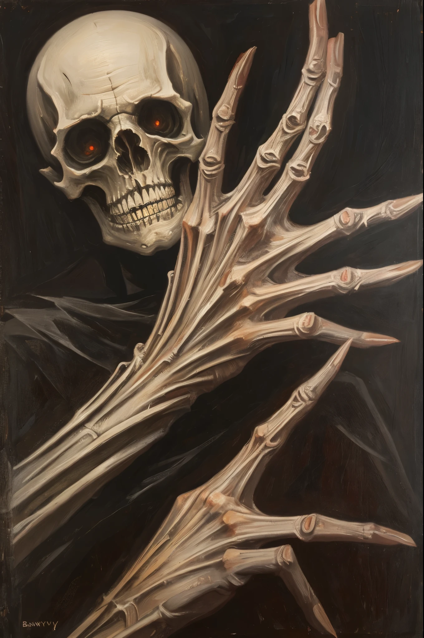 bony hand with very long fingers, scary, Gloomy, creepy. oil painting