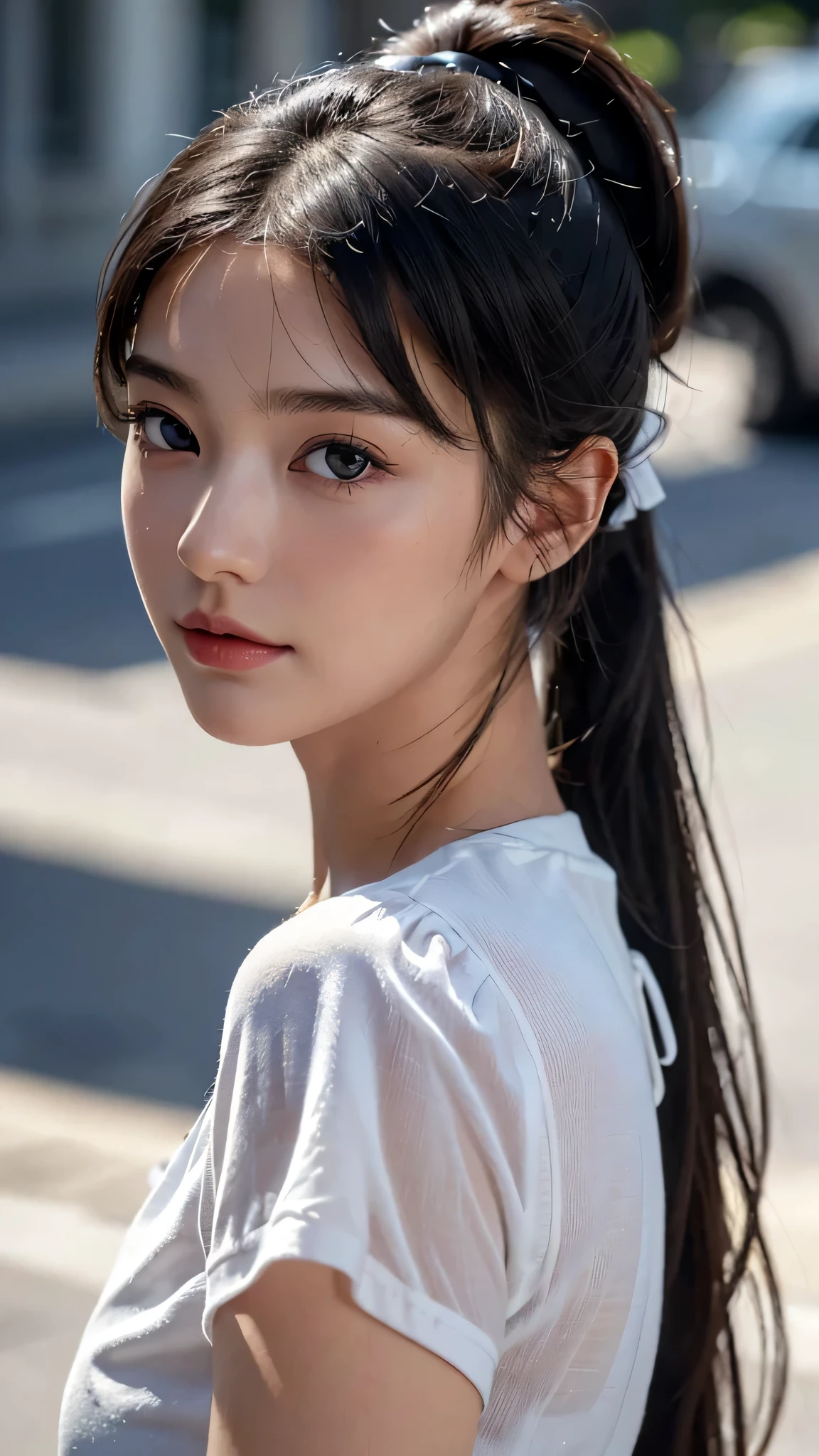 One woman,fully body photo,masutepiece, The highest image quality, High quality, the background is clear,Beautiful woman, Japanese, Detailed, Detailed eyes, Detailed skin, Beautiful skin, 超hight resolution, (reality: 1.4),Very beautiful woman, Slightly younger face, Beautiful skin, slender, (Ultra photo realsisim), (hight resolution), (8K), (Very detailed) (beautifully detailed eyes), (super detailed), (Detailed face), view the viewer, Fine details, Detailed face, Staring straight ahead, Staring straight ahead, photos realistic, Bright lighting, Professional Lighting, Black hair,poneyTail,a baby face,sixteen years old,Hairstyle is ponytail,long ponytail hairstyle,slight smile,neat and tidy clothing,European Streets