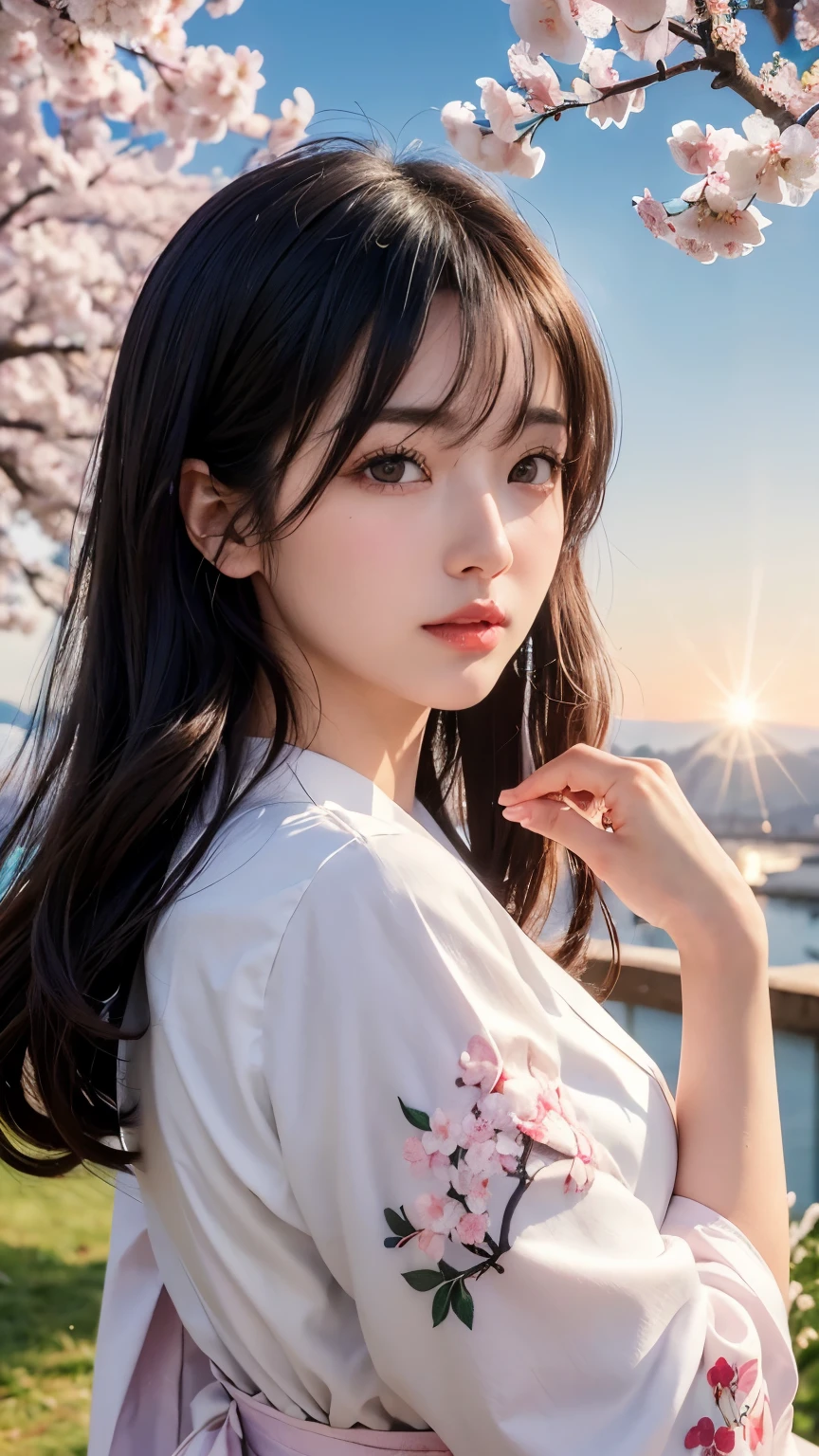 (logo、masterpiece、8k、table top、RAW photo、wonderful、最high quality、Photorealistic and hvery detailed CG integrated 8k wallpaper、high quality、very detailed、narrative poem、particle effects、dynamic effects、Depth of the bounds written、cinematic light、Lens flare、ray tracing)、fantasy、 (1 beautiful woman、white kimono、Japan Dresses、white cherry blossom pattern、White cherry blossom embroidery pattern、black haired、beautiful face、real face、beautiful details eyes beautiful skin)、Hair flutters in Wind、hair bounces、pink cherry tree、petals dance、SakuraFubuki、Spectacular view、sunrise、sun on background、Wind、god々、tooth、god話、vast land