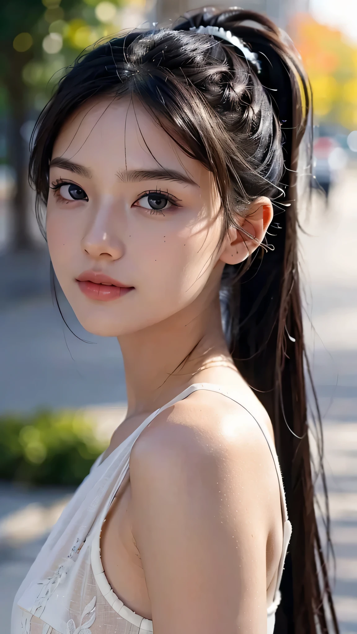 One woman,fully body photo,masutepiece, The highest image quality, High quality, the background is clear,Beautiful woman, Japanese, Detailed, Detailed eyes, Detailed skin, Beautiful skin, 超hight resolution, (reality: 1.4),Very beautiful woman, Slightly younger face, Beautiful skin, slender, (Ultra photo realsisim), (hight resolution), (8K), (Very detailed) (beautifully detailed eyes), (super detailed), (Detailed face), view the viewer, Fine details, Detailed face, Staring straight ahead, Staring straight ahead, photos realistic, Bright lighting, Professional Lighting, Black hair,poneyTail,a baby face,sixteen years old,Hairstyle is ponytail,long ponytail hairstyle,slight smile,neat and tidy clothing,European Streets,Autumn Clothing