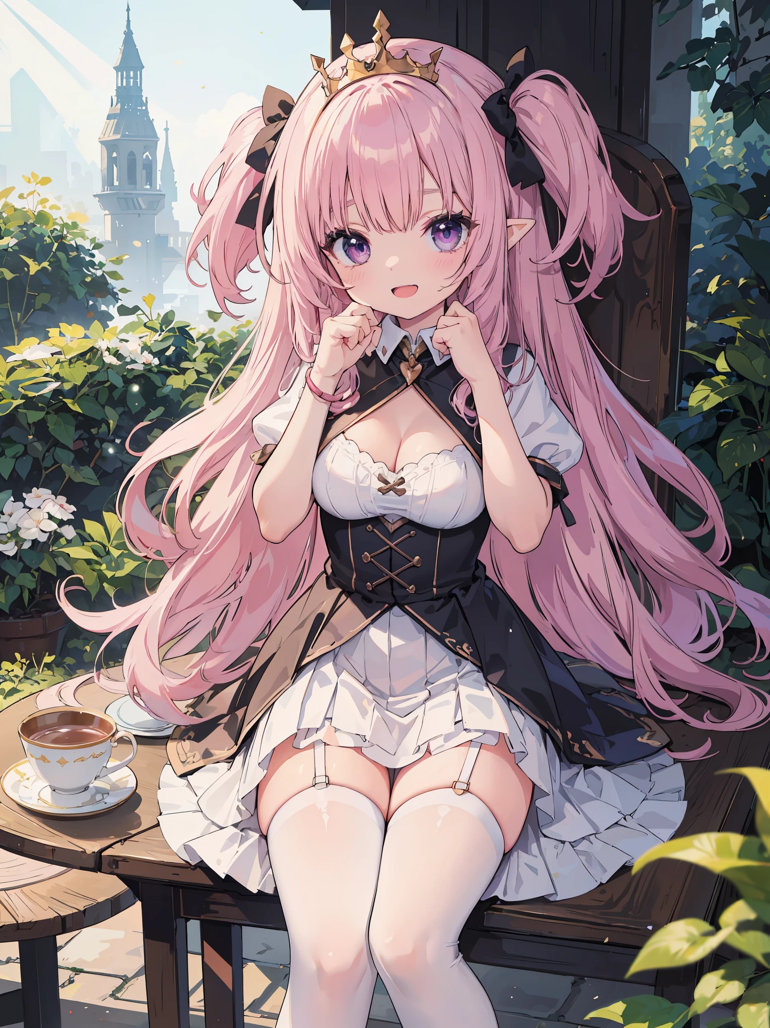 ((masterpiece)), (best quality), (highly detailed), (ultra quality), (8k wallpaper), (nice hands), (perfect hands), ((perfect anatomy)), shiny skin, Depth of field, pastel colors, kawaii, cute colors, beautiful small face, (clear face), (ultra-detailed), extremely, delicate and beautiful skin, detailed shiny hair BREAK 1girl, elf girl, pink cheek, purple hair, (very long hair), (one side up:1.2), purple eyes, (large breasts, cleavage:1.1), princess tiara, wearing Princess Dress, zettairyouiki, knee high tights with white garter belt, miniskirt BREAK arms down, at royal garden background, tea time, tea party, round table, teacup, chair, light smile, open mouth, light leaks, light particles, rim light, cowboy shot, mioha, more_details:0.5