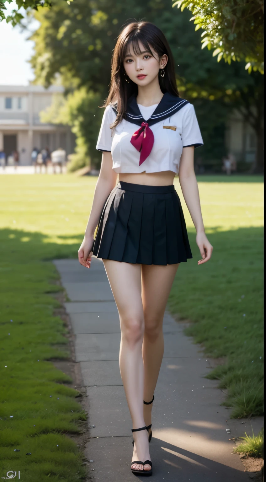 (highest quality:1.4), (hyper quality), (Super detailedな), 1 beautiful girl, (group of female high school students:1.3), Super cute, wonderful face and eyes, (Short-sleeved sailor suit made of thin white fabric), Black pleated micro mini skirt with low rise:1.1, (black pleated mini skirt:1.5), (Beautiful and incredibly big breasts:1.3), (The shape of the nipple protrusions through the uniform:1.4), (uniform is not exposed:1.2), (The fabric of the uniform is thin and the shape of her chest is clearly visible.:1.3), Realistic uniform wrinkles, (underboob:1.1), (Massaging her breasts over her uniform:1.2), (slender body:1.1), (slender and long beautiful legs), (thin waist), real skin texture, crystal clear very white skin, (bangs:1.2), earrings, light makeup, (Don&#39;t look at me, look ahead), beautiful goddess advent, beautiful background, golden ratio, conceptual art, Super detailed, Accurate, advanced details, (walk along a path surrounded by fields:1.2), My chest sways, Super close, sexy art, (Under the summer sun), bright light, Super delicate illustration details, Highly detailed CG integrated 8k wallpaper, RAW photo, professional photos, cinematic lighting, Depth of the bounds written, No bra, (The nipple protrusions push up the uniform:1.2), cropped tops, High heels on bare feet